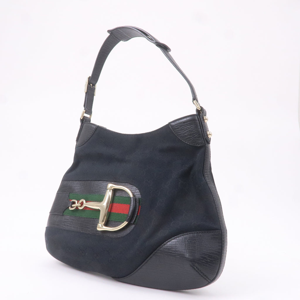 GUCCI Horsebit GG Canvas Leather Shoulder Bag Black 137388