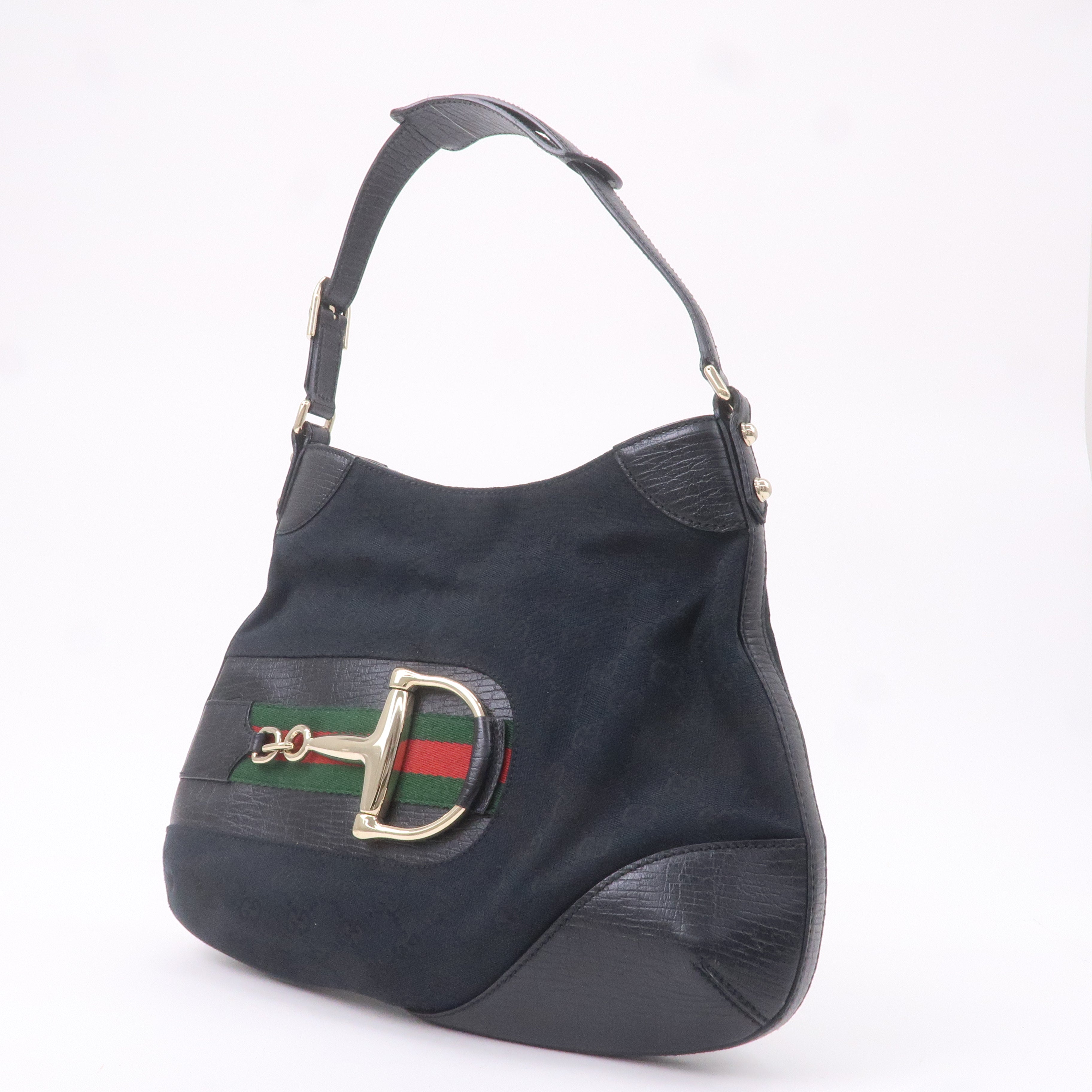 GUCCI Horsebit GG Canvas Leather Shoulder Bag Black 137388