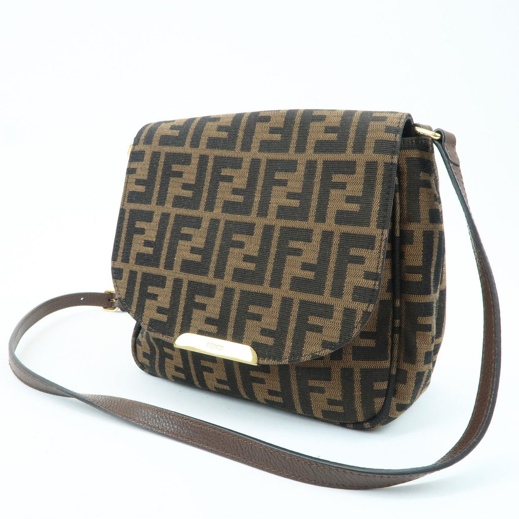 FENDI Zucca Canvas Leather Shoulder Bag Brown Black 8BT214