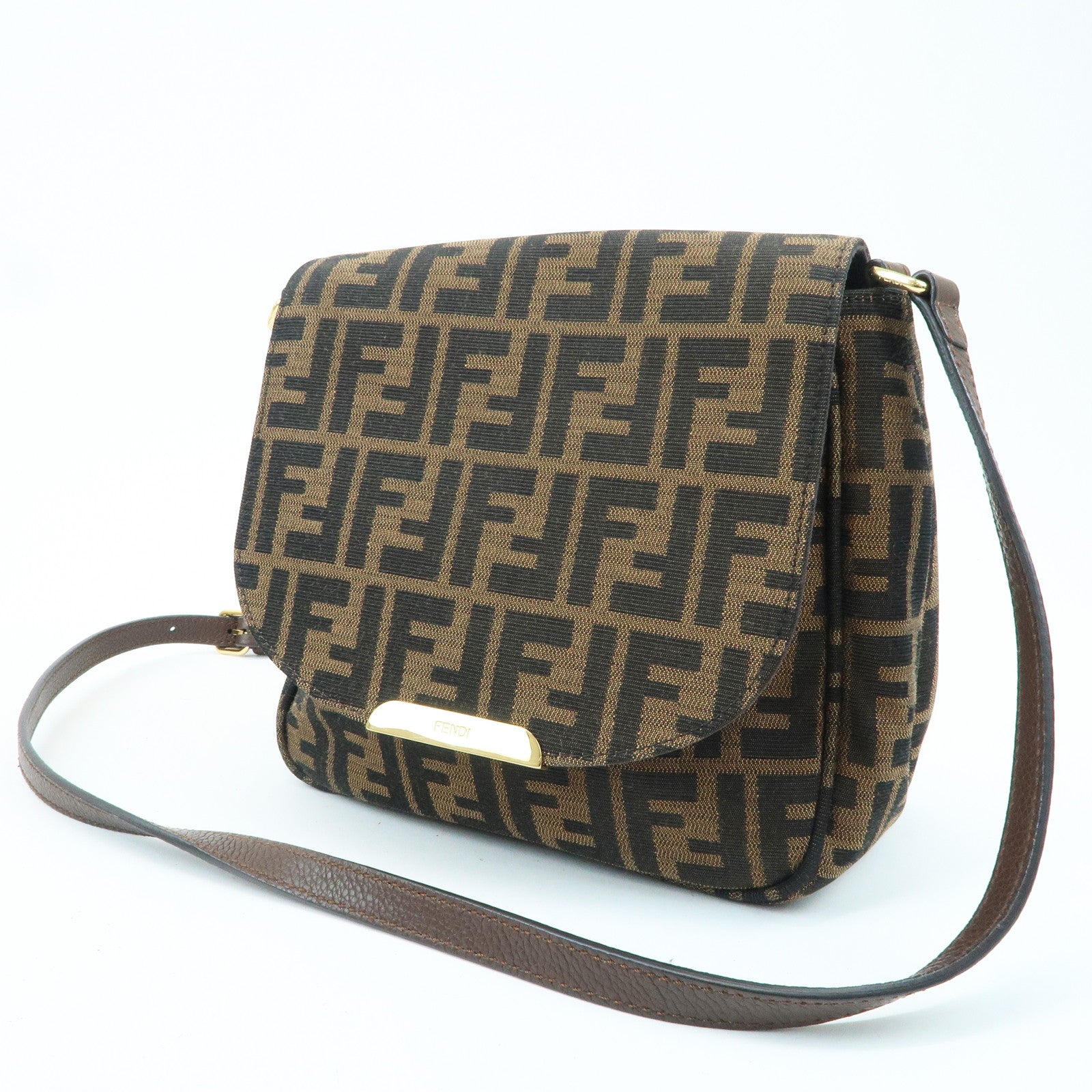 FENDI Zucca Canvas Leather Shoulder Bag Brown Black 8BT214