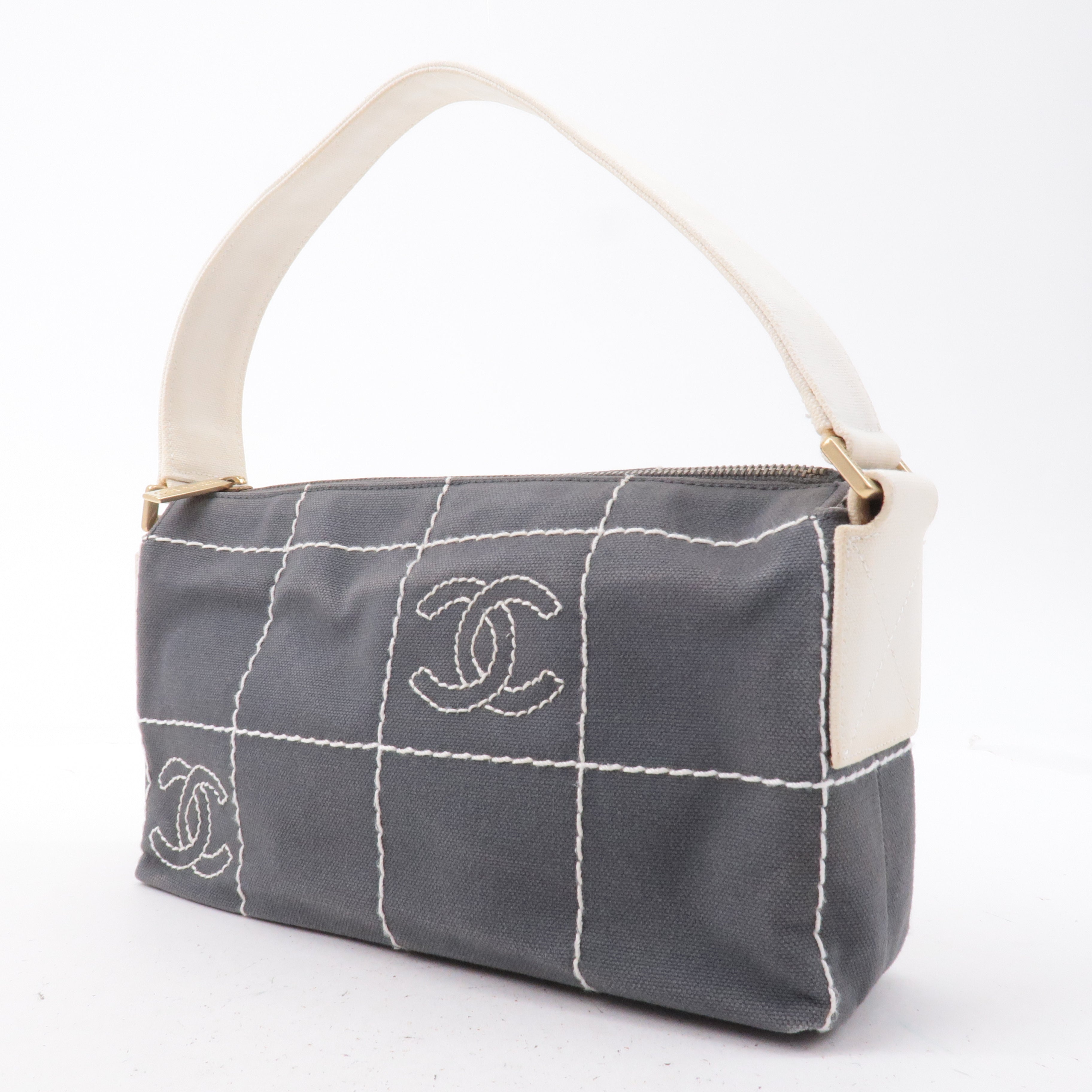 CHANEL Chocolate Bar Wild Stitch Canvas Hand Bag Gray