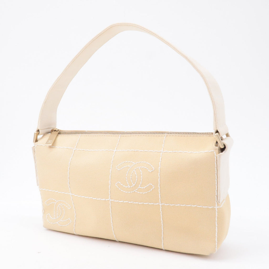 CHANEL Chocolate Bar Canvas Hand Bag Shoulder Bag Beige