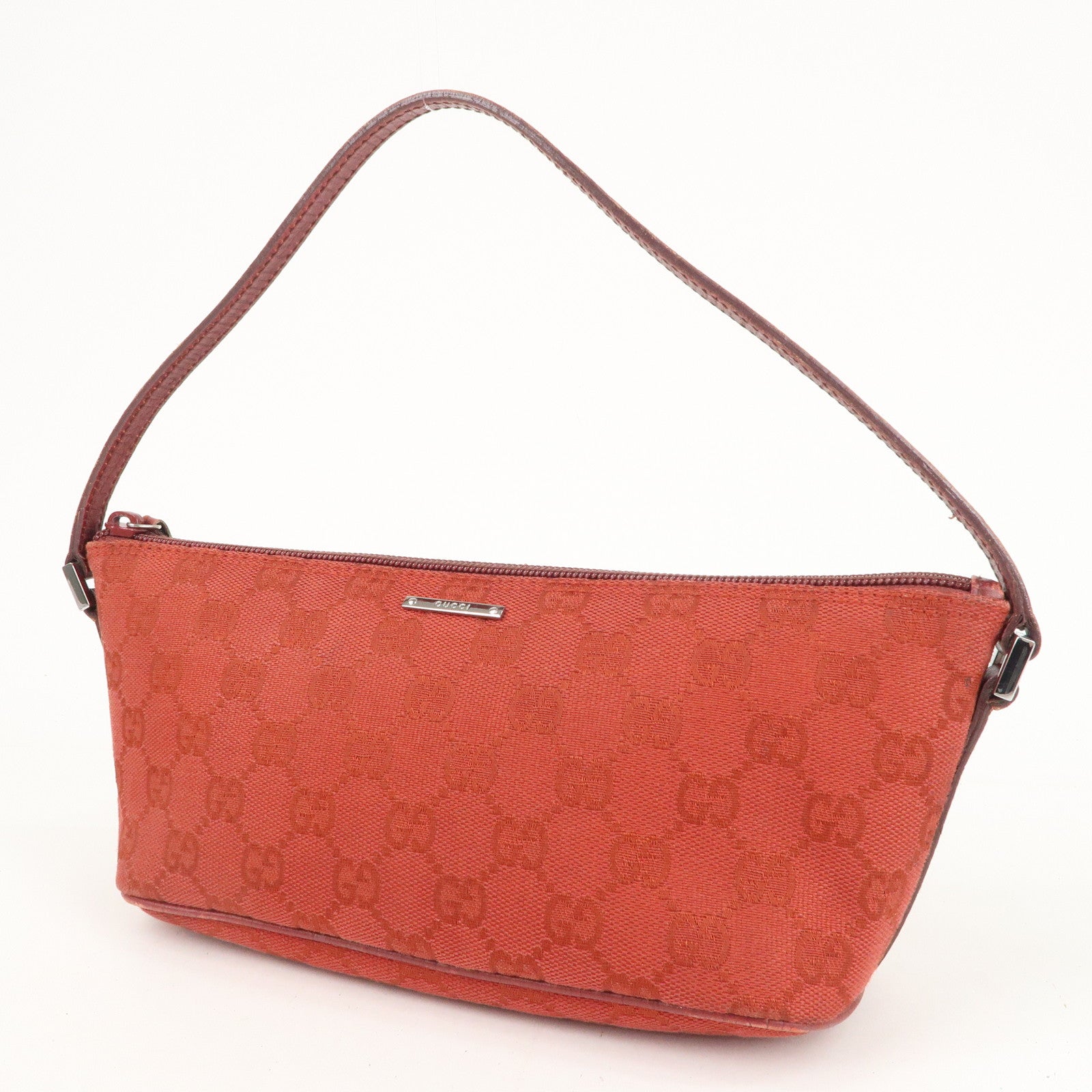 GUCCI Boat Bag GG Canvas Leather Hand Bag Pouch Red 07198