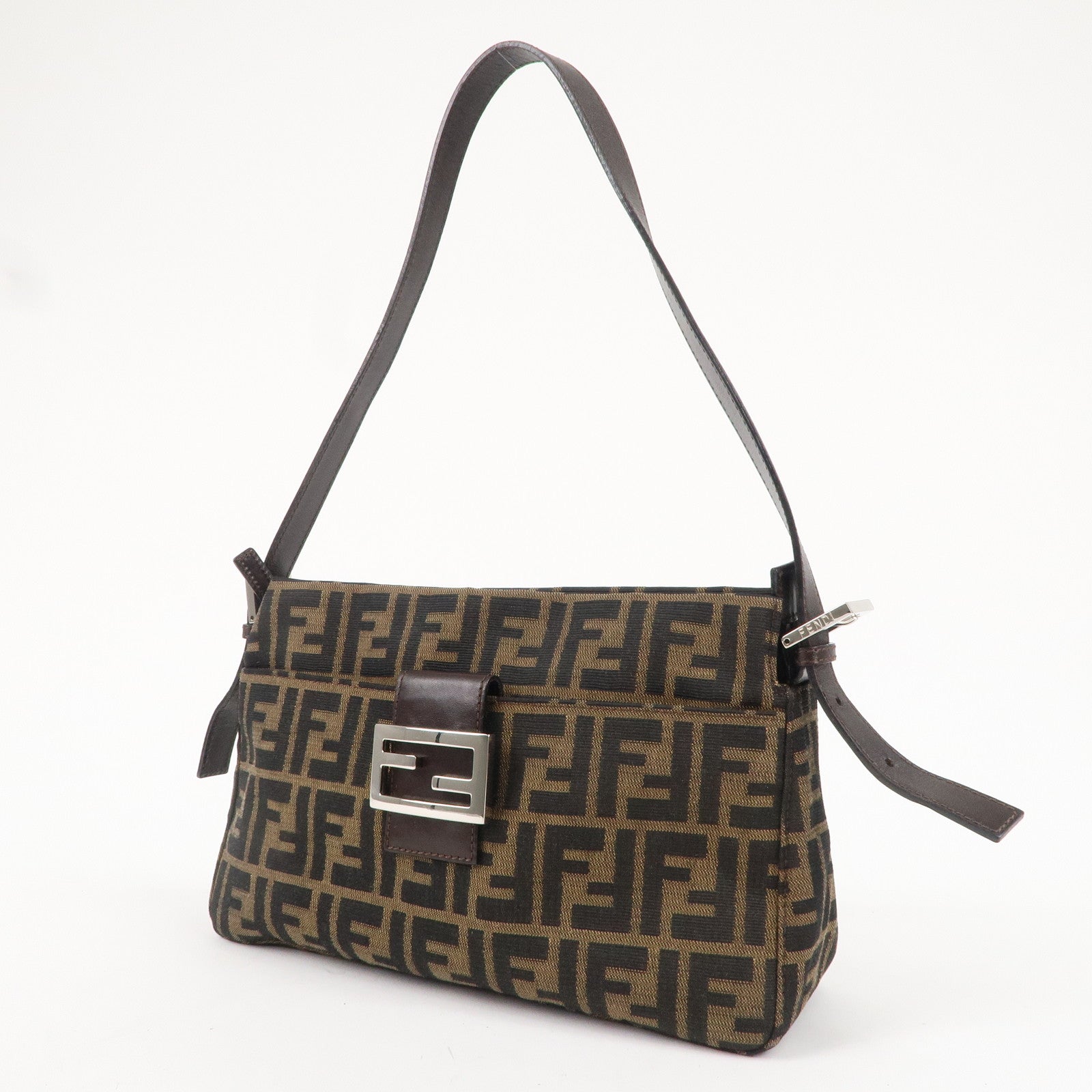 FENDI Zucca Canvas Leather Shoulder Bag Brown Black 26566