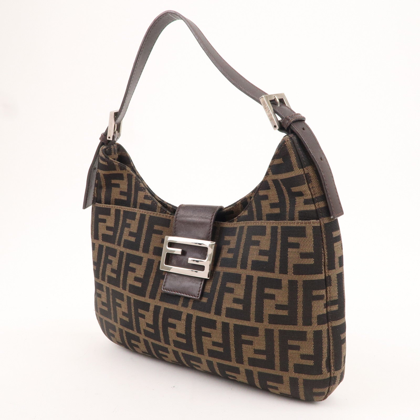 FENDI Zucca Canvas Leather Shoulder Bag Brown Black 26569