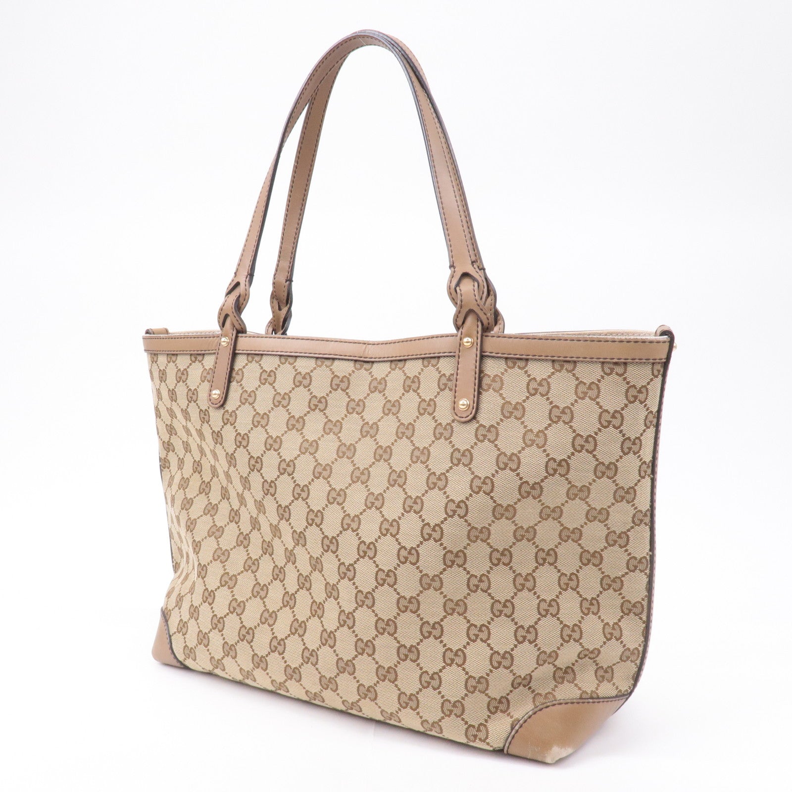 GUCCI GG Canvas Leather Tote Bag Beige Brown 247209