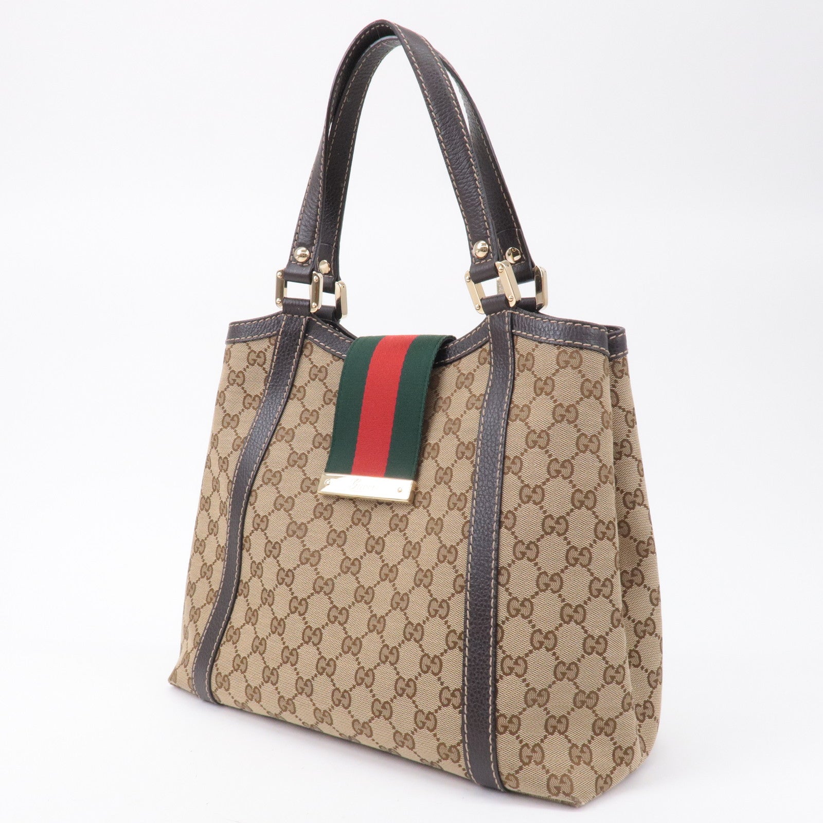 GUCCI Sherry Line GG Canvas Leather Hand Bag Beige Brown 364835