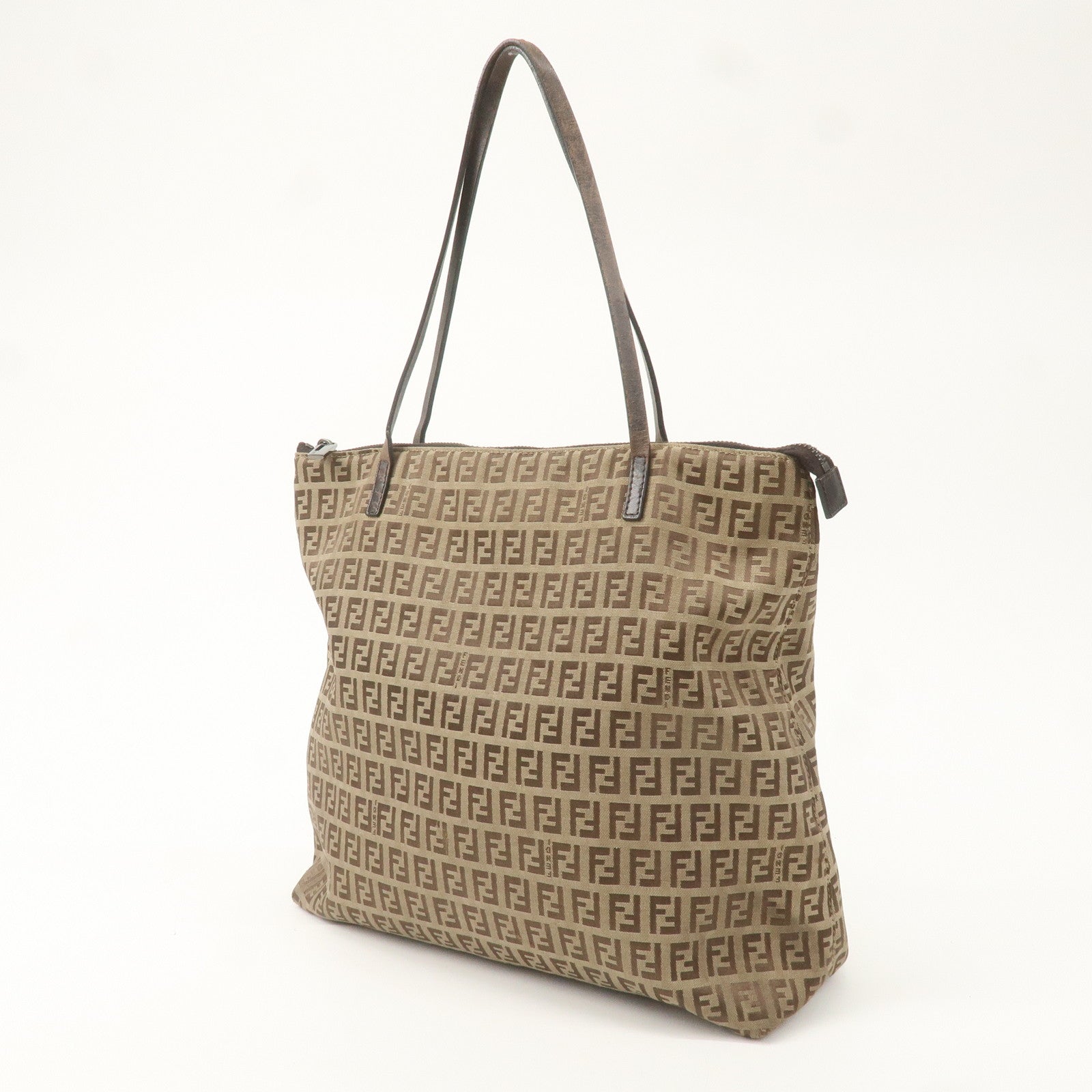 FENDI Zucchino Canvas Leather Tote Bag Brown Beige 8BH024