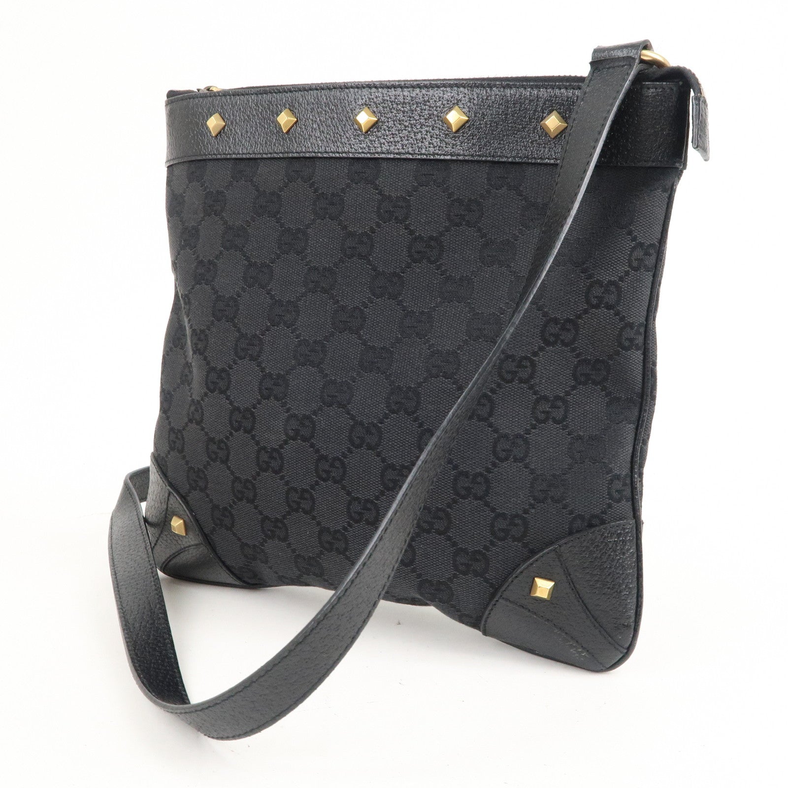 GUCCI GG Canvas Leather Studs Shoulder Bag Black 120893