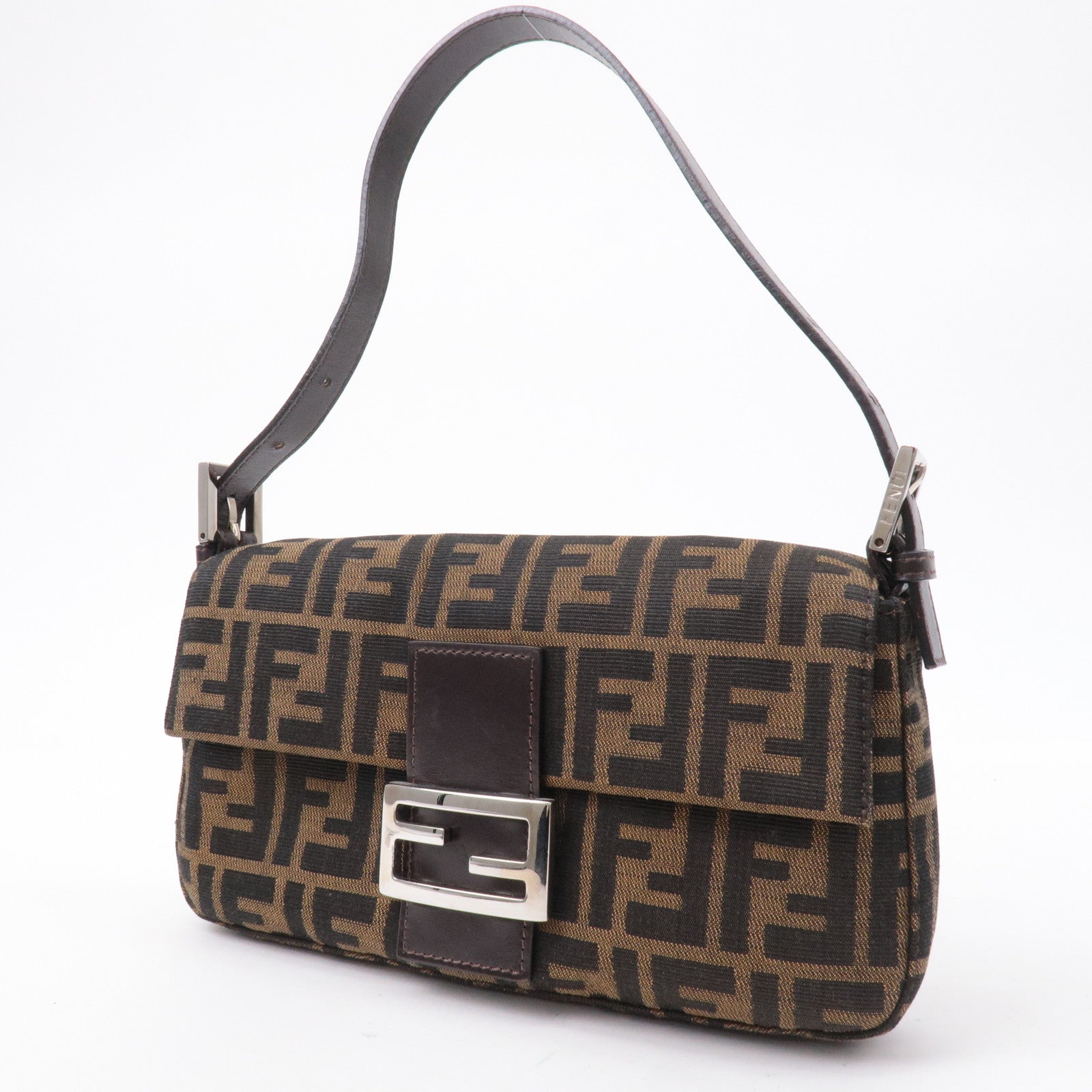 FENDI Mamma Baguette Zucca Canvas Leather Shoulder Bag Brown 26424