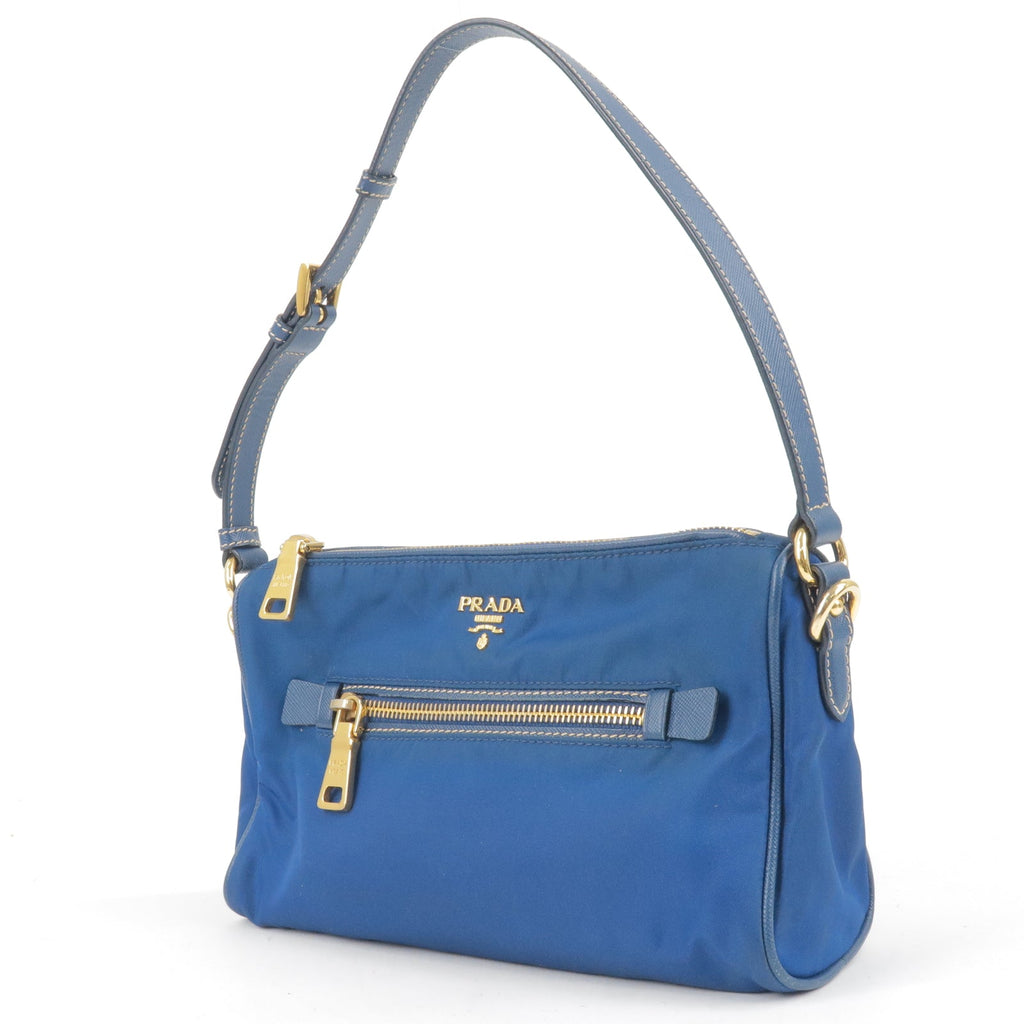 Prada Logo Nylon Leather Hand Bag Pouch Purse Blue BN1834