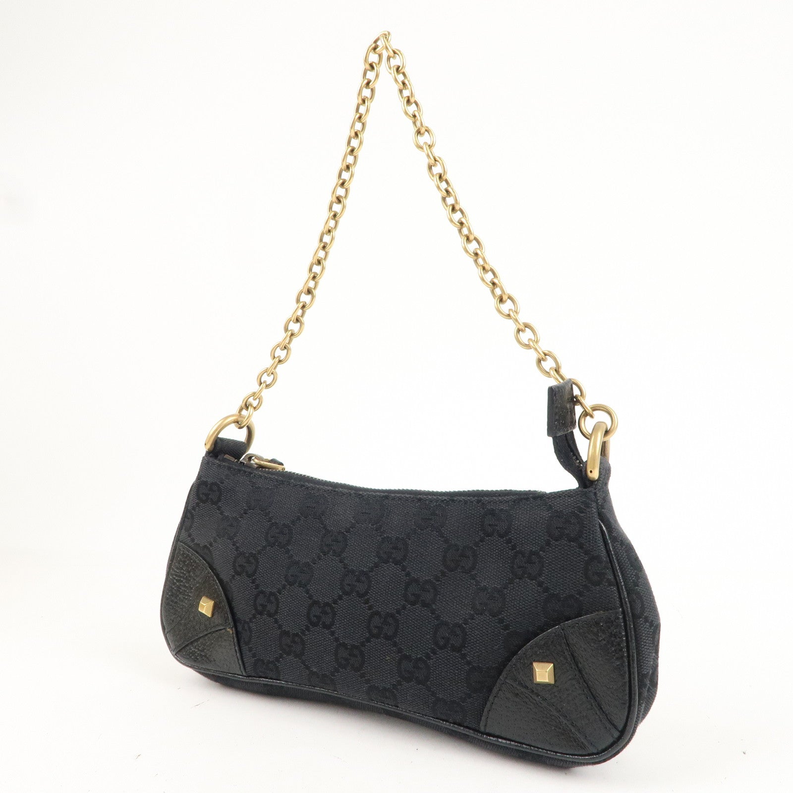 GUCCI GG Canvas Leather Chain Hand Bag Pouch Black 120940