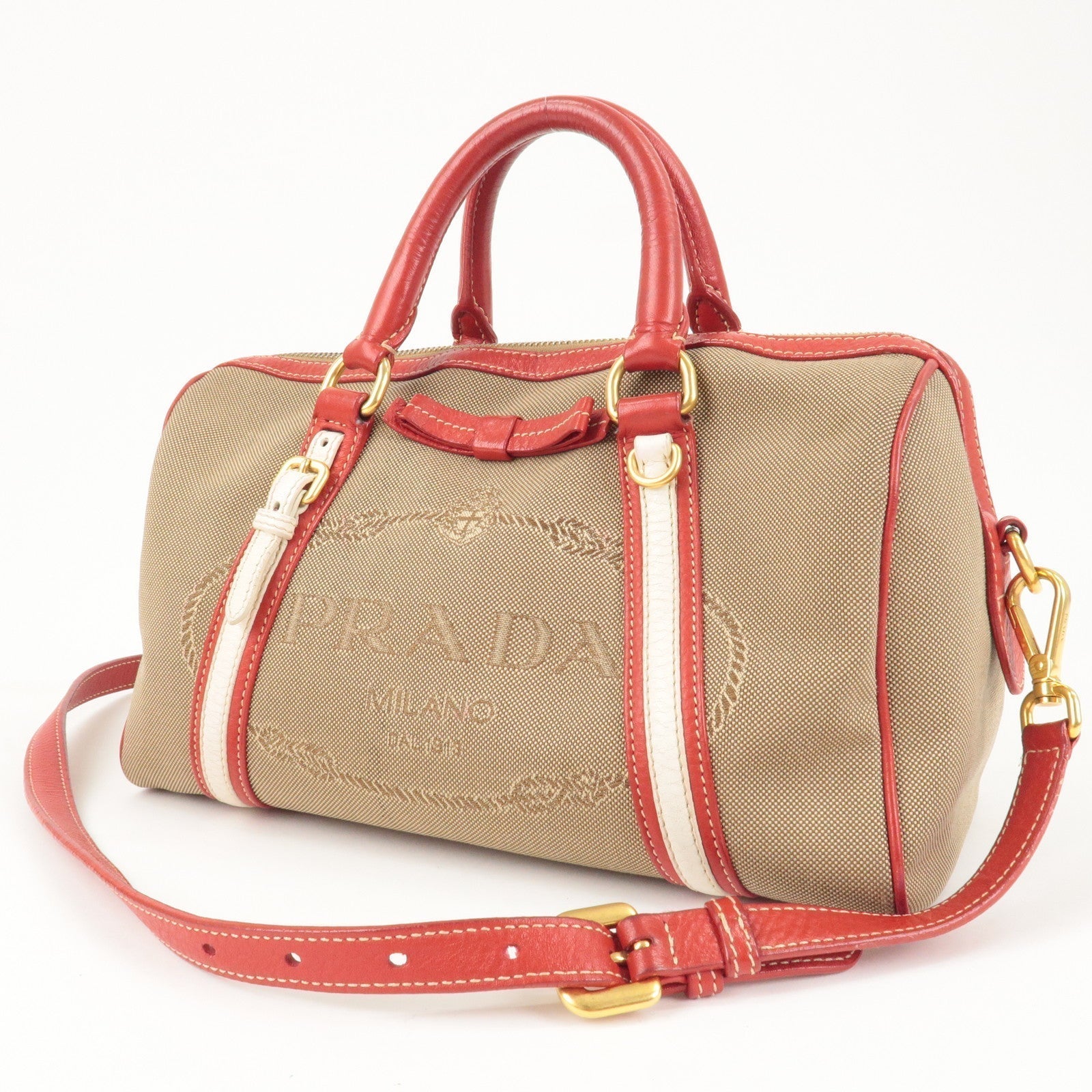 Prada Logo Jacquard Canvas Leather 2Way Shoulder Bag Beige Red