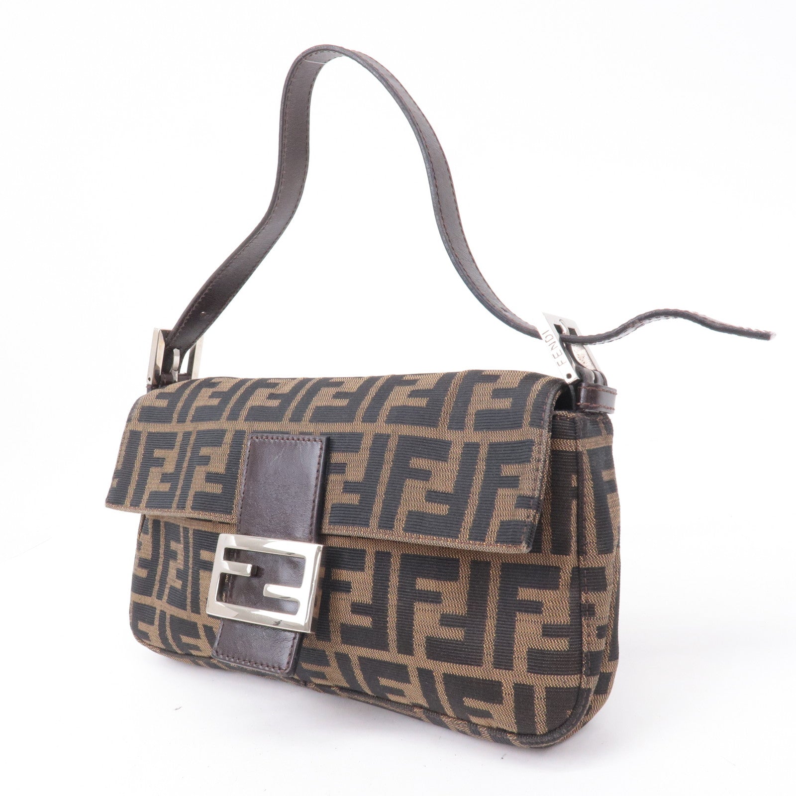 FENDI Mamma Baguette Zucca Canvas Leather Bag Brown 26424