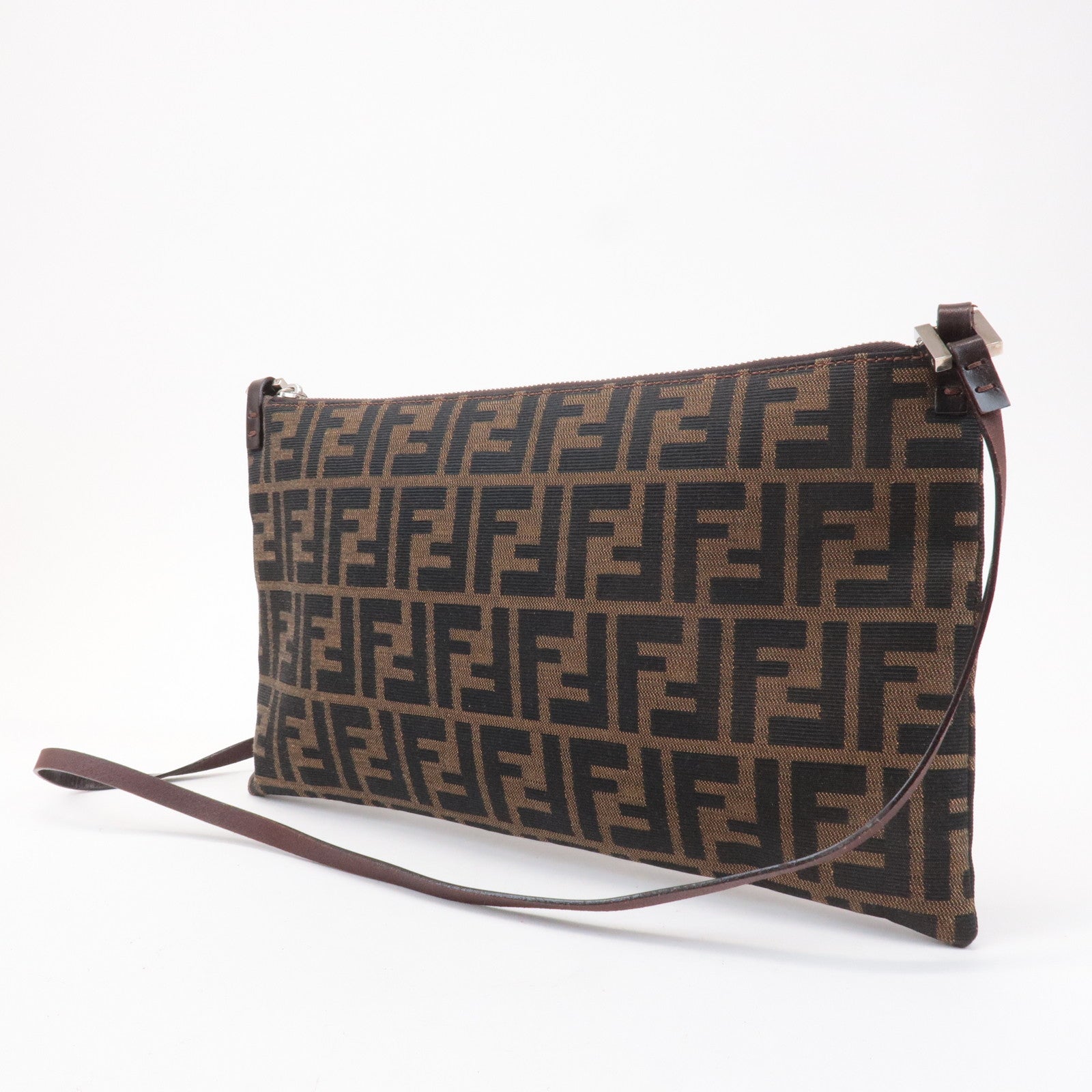 FENDI Zucca Canvas Leather Shoulder Bag Brown Black 16330