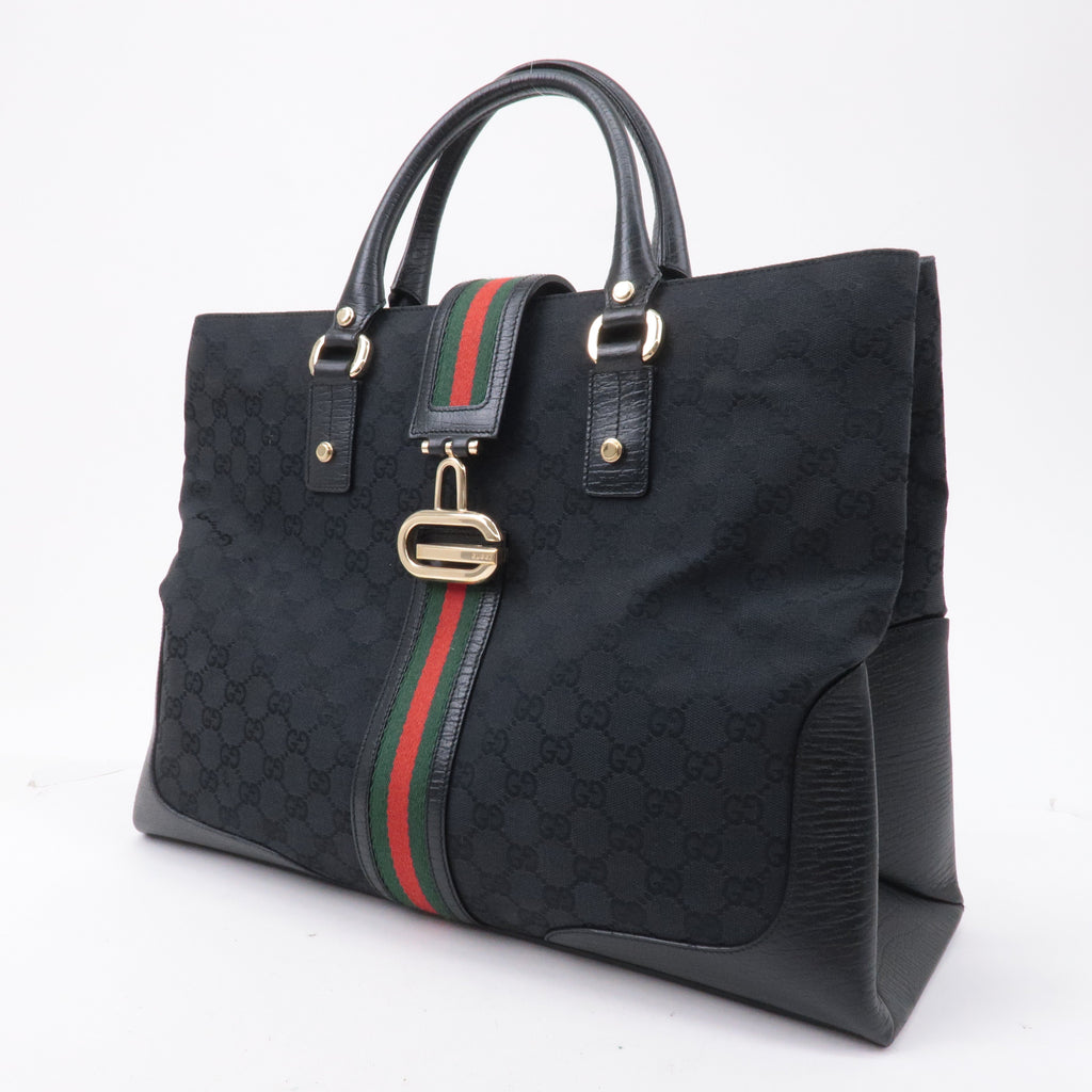 GUCCI Sherry GG Canvas Leather Tote Bag Black 130994