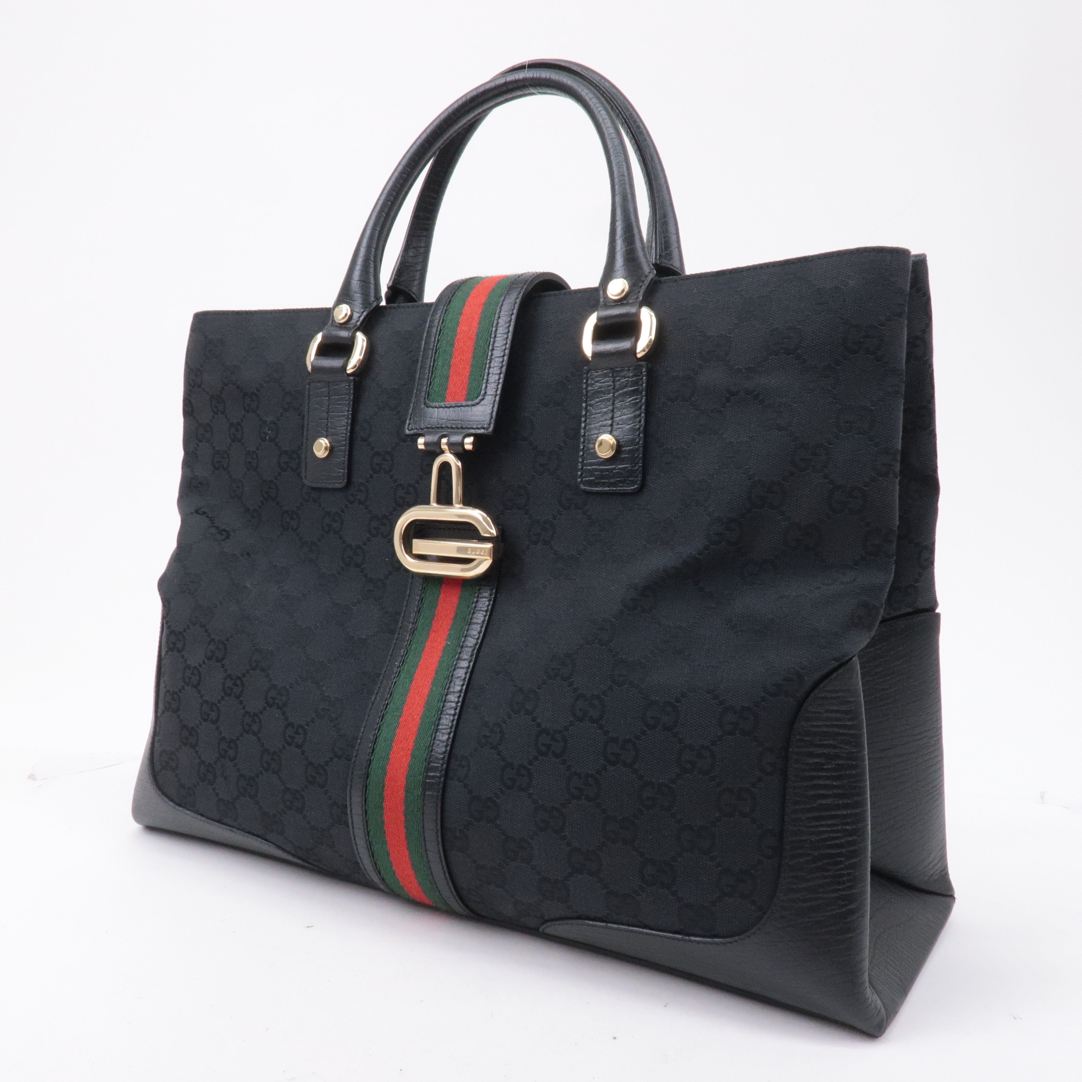 GUCCI Sherry GG Canvas Leather Tote Bag Black 130994