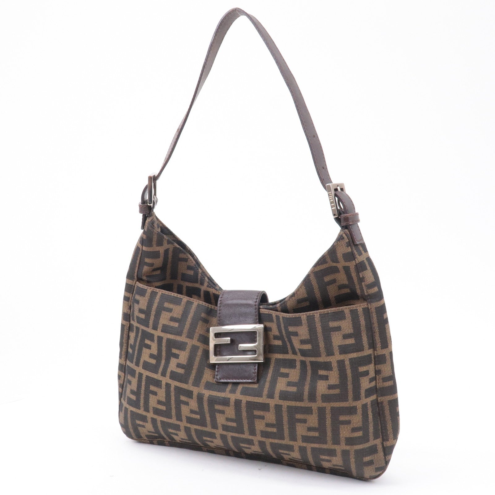 FENDI Zucca Canvas Leather Shoulder Bag Brown Black 26569