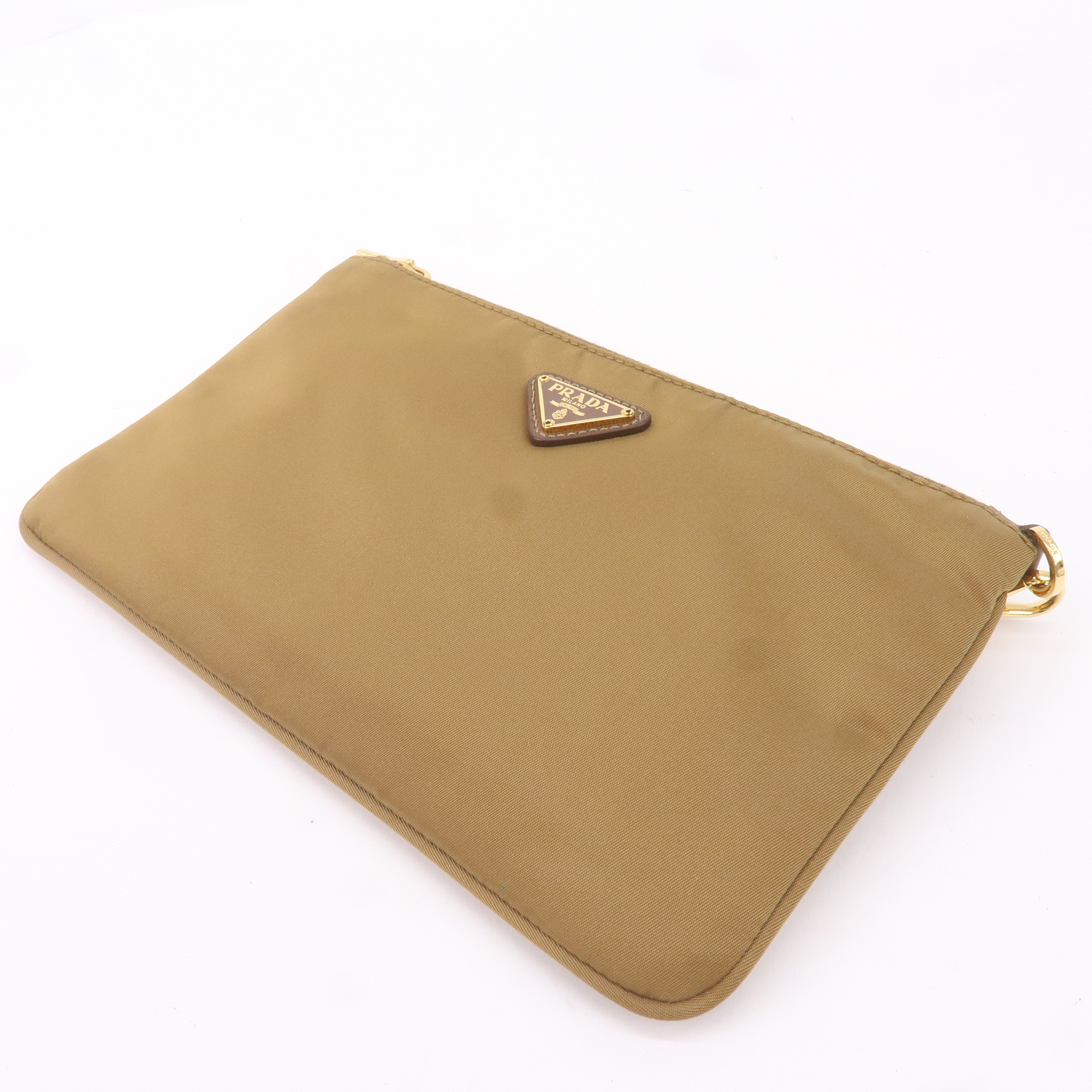 Prada Logo Nylon Leather Clutch Bag Pouch Brown