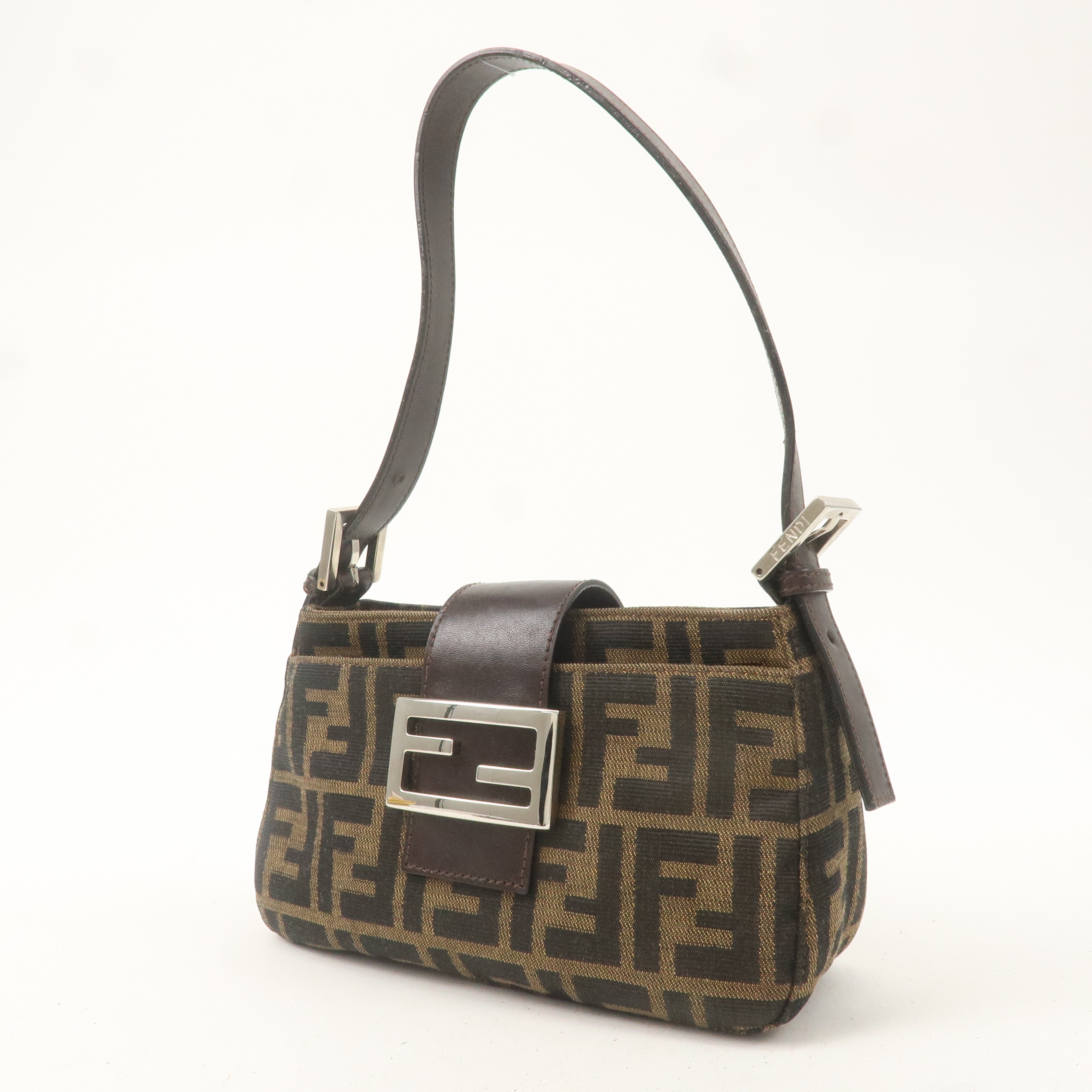 FENDI Zucca Canvas Leather Shoulder Bag Khaki Brown Black 26723