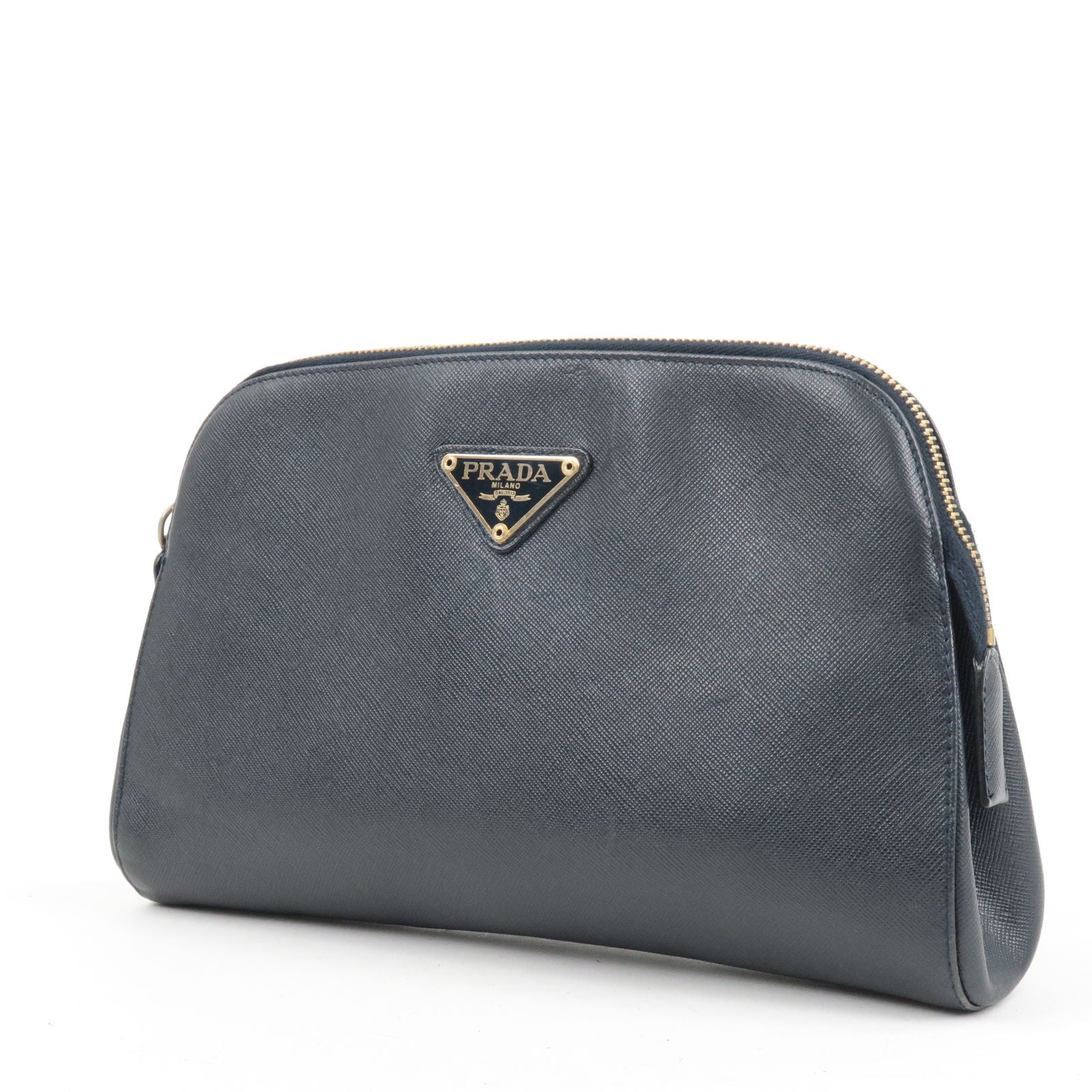 Prada Logo Leather Clutch Bag Pouch Purse Navy