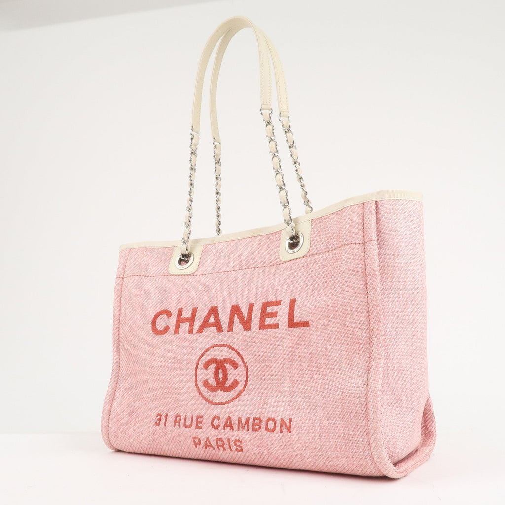 CHANEL Deauville MM Straw Leather Chain Tote Bag Pink A67001