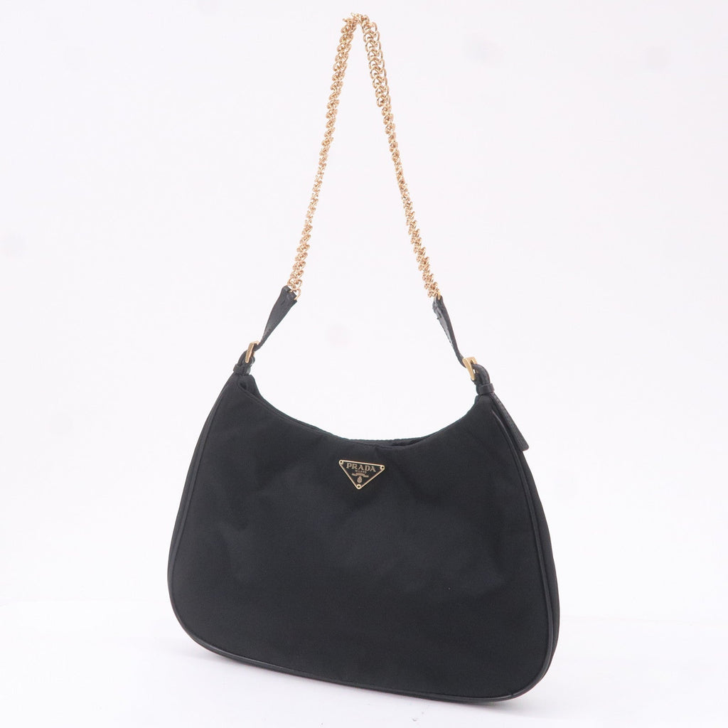 Prada Logo Nylon Leather Chain Shoulder Bag Purse Black BR0104