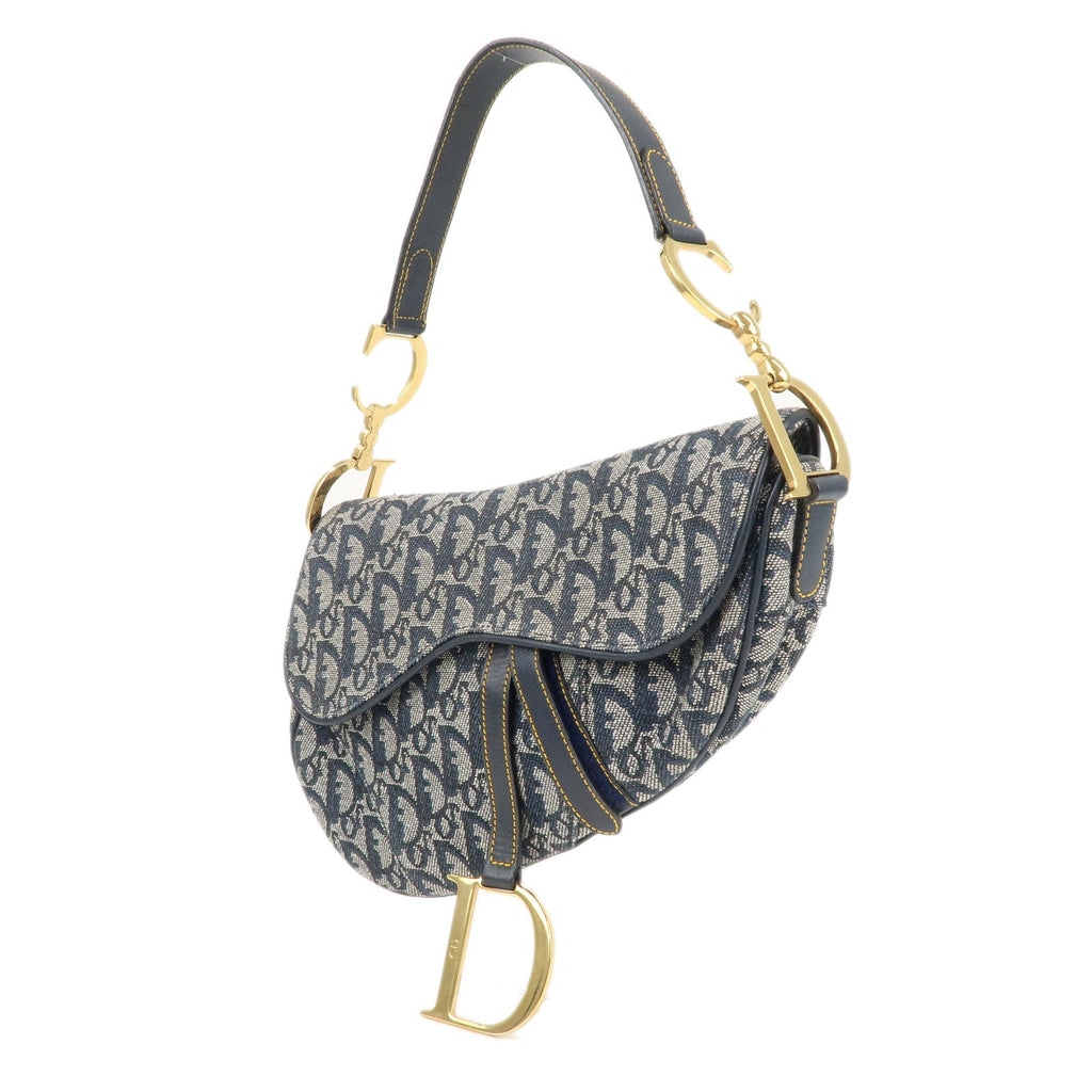 Christian Dior Saddle Bag Trotter Canvas Leather Shoulder Bag Navy
