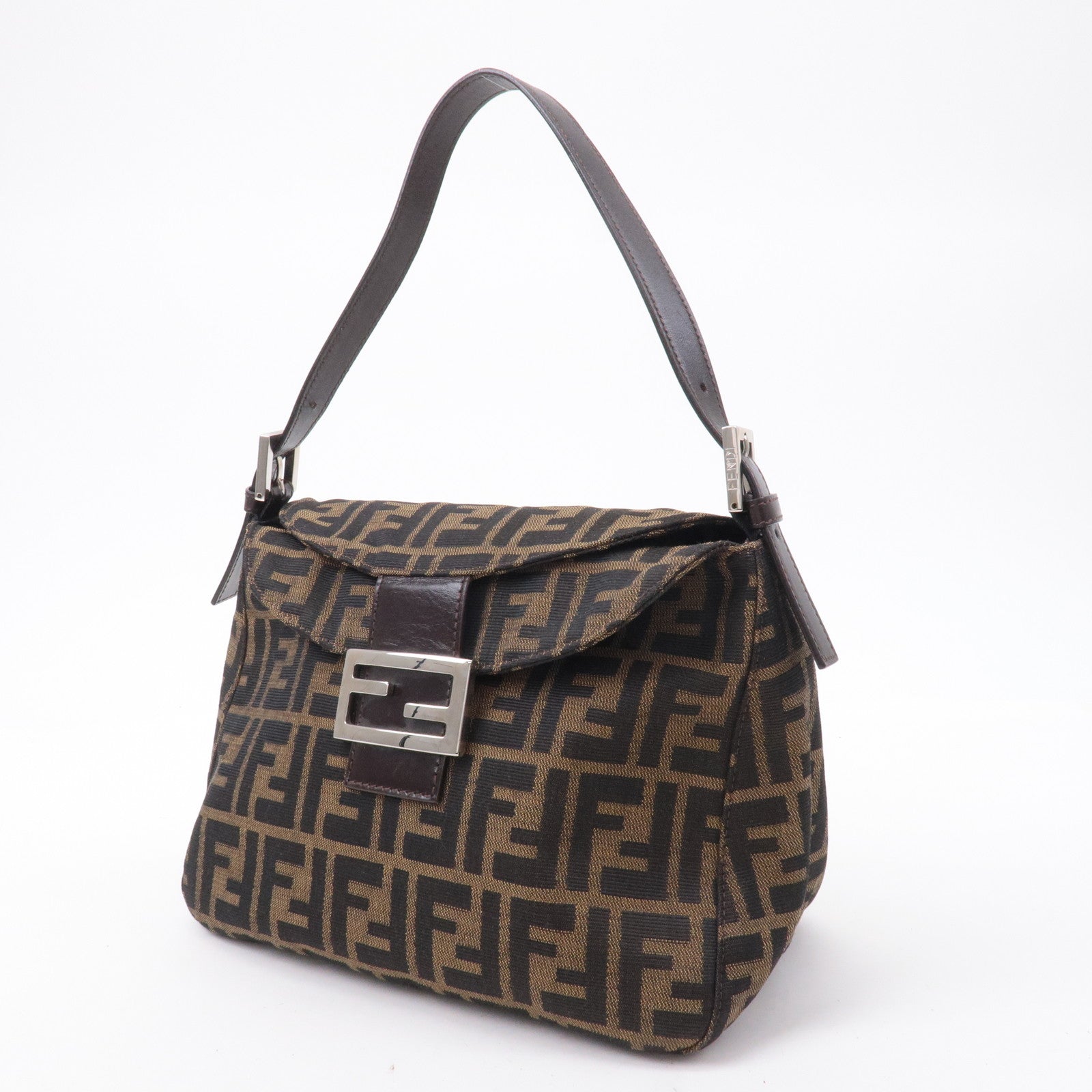 FENDI Zucca Canvas Leather Shoulder Bag Brown Black 26426