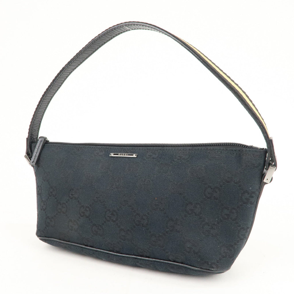 GUCCI Boat Bag Sherry GG Canvas Leather Pouch Black 141809