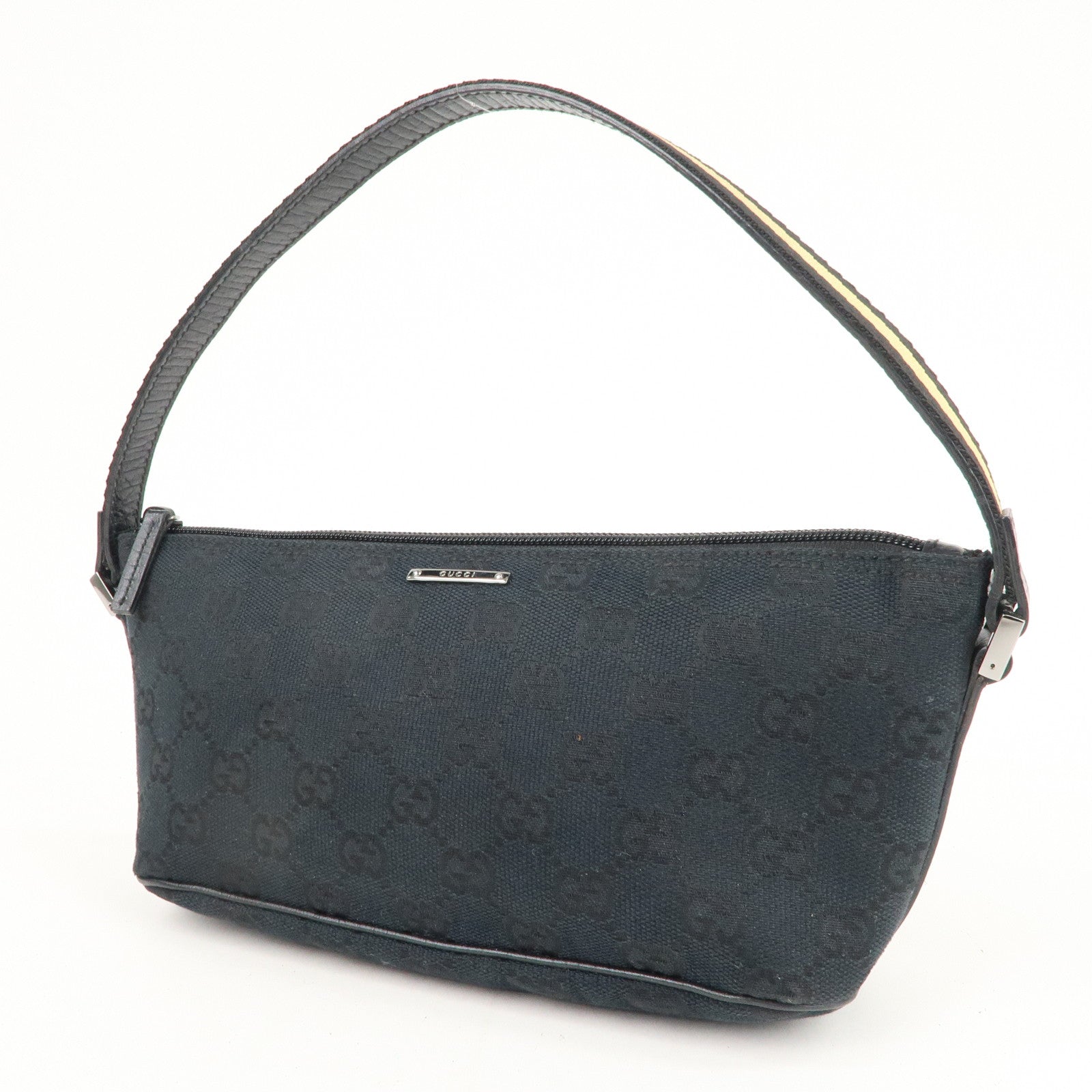 GUCCI Boat Bag Sherry GG Canvas Leather Pouch Black 141809