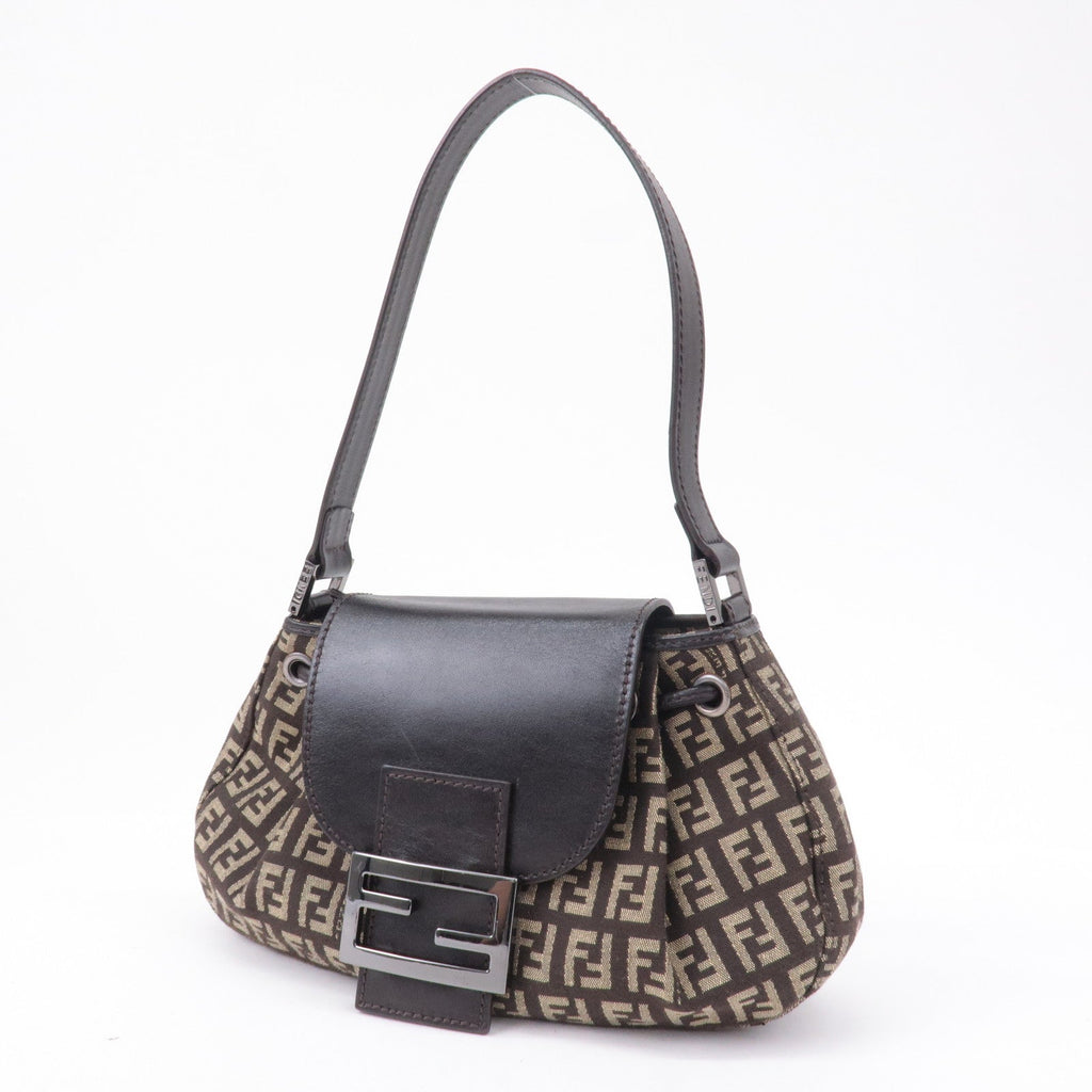 FENDI Zucchino Canvas Leather Shoulder Bag Brown Beige 8BR277