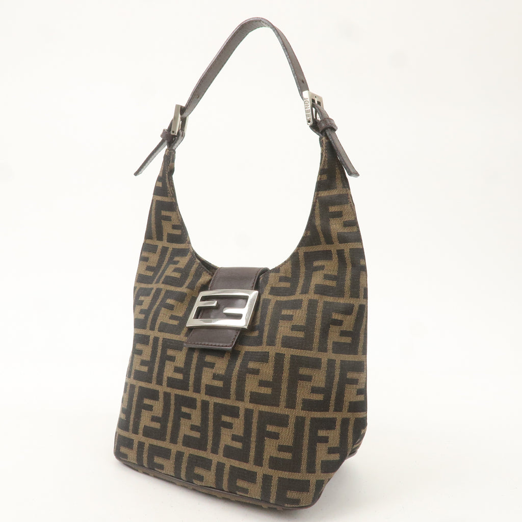 FENDI Zucca Canvas Leather Shoulder Bag Khaki Brown Black 26686