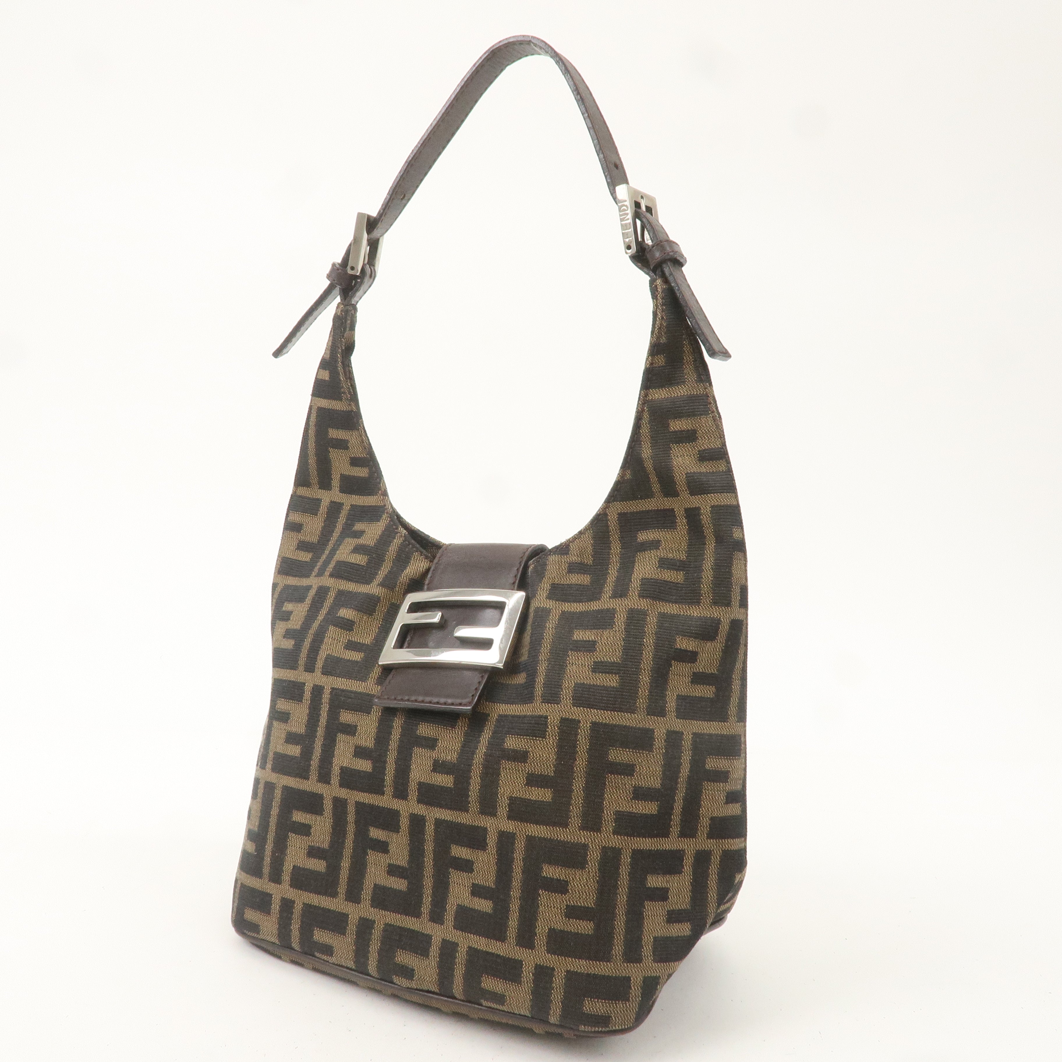 FENDI Zucca Canvas Leather Shoulder Bag Khaki Brown Black 26686