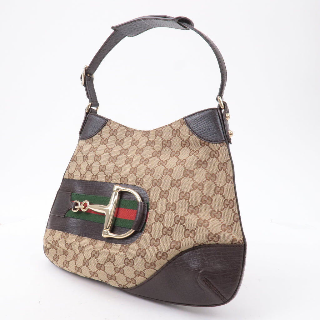 GUCCI Horsebit Sherry GG Canvas Leather Shoulder Bag Brown 137388