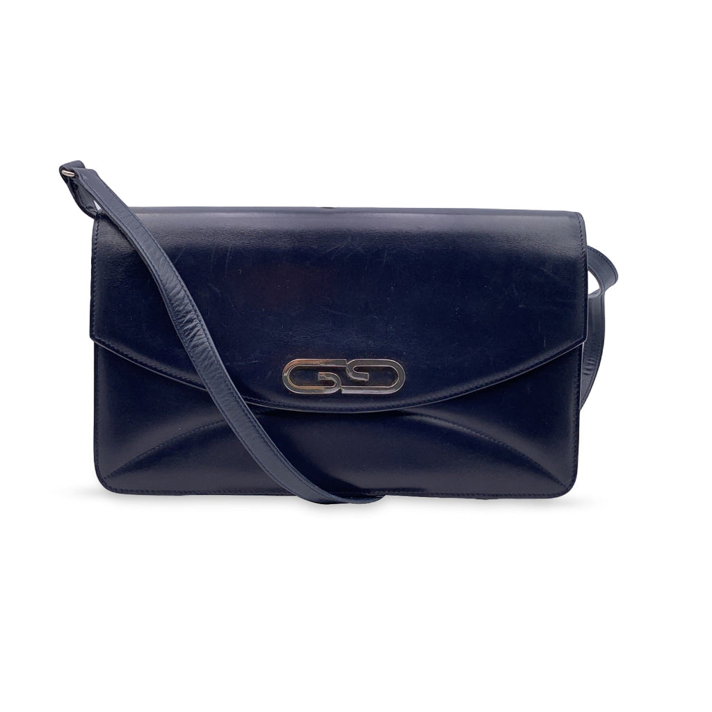 Gucci Vintage Navy Blue Leather East West Shoulder Bag