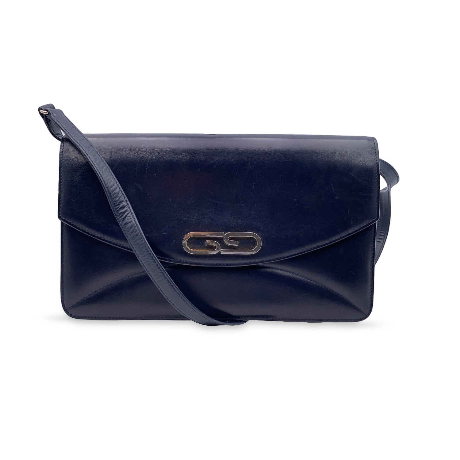 Gucci Vintage Navy Blue Leather East West Shoulder Bag