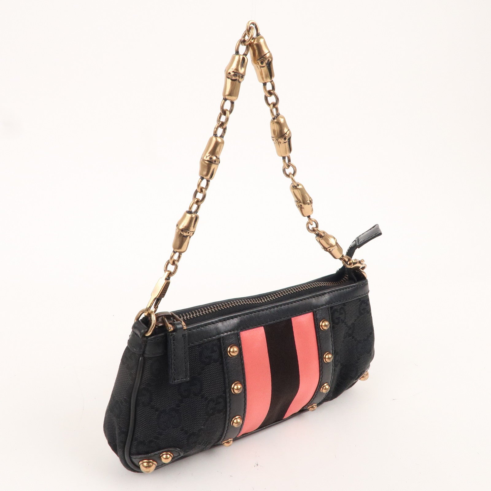 GUCCI Sherry Bamboo GG Canvas Leather Chain Bag Black 129423