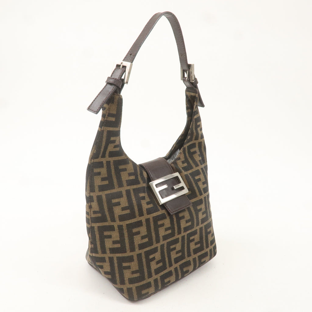 FENDI Zucca Canvas Leather Shoulder Bag Khaki Brown Black 26686