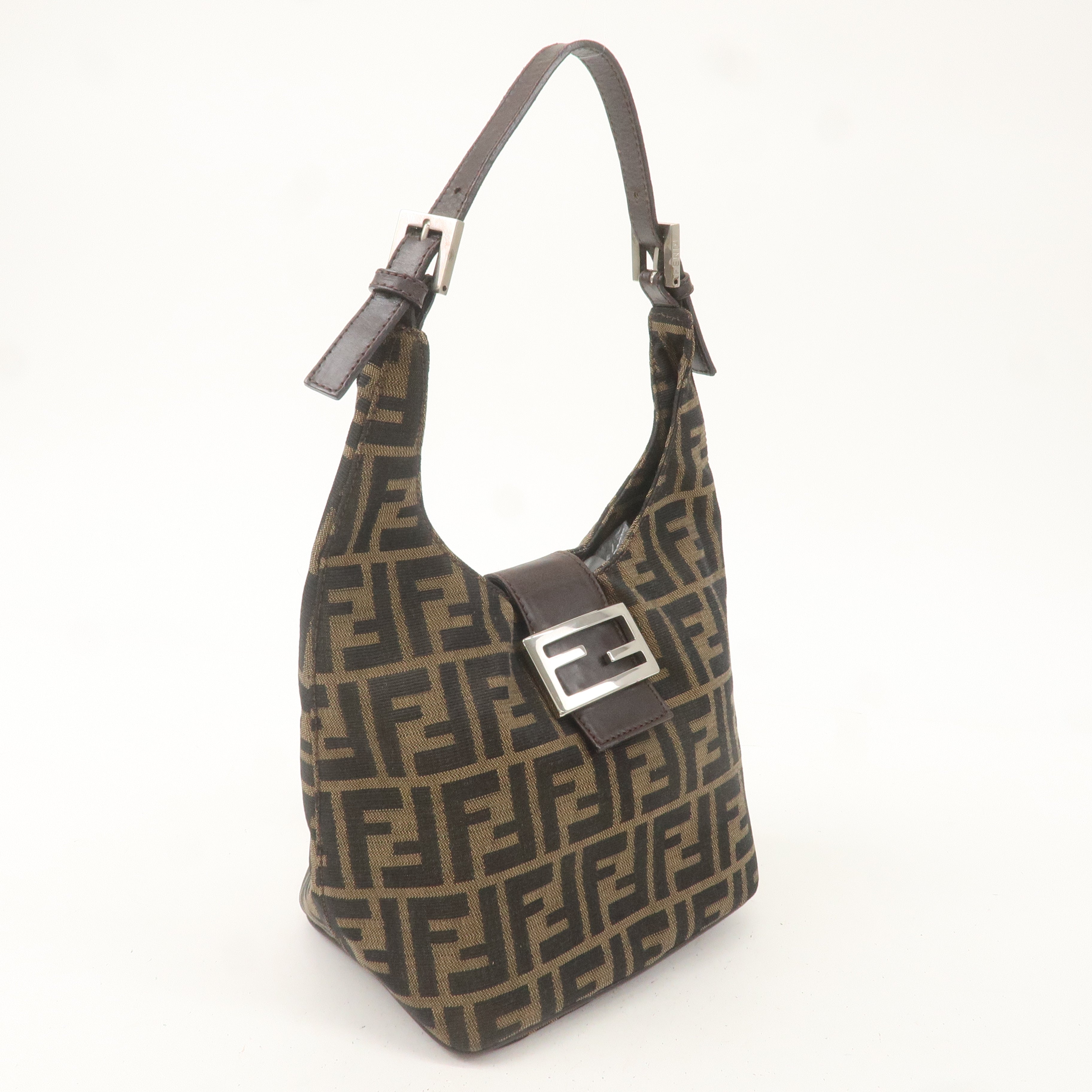 FENDI Zucca Canvas Leather Shoulder Bag Khaki Brown Black 26686