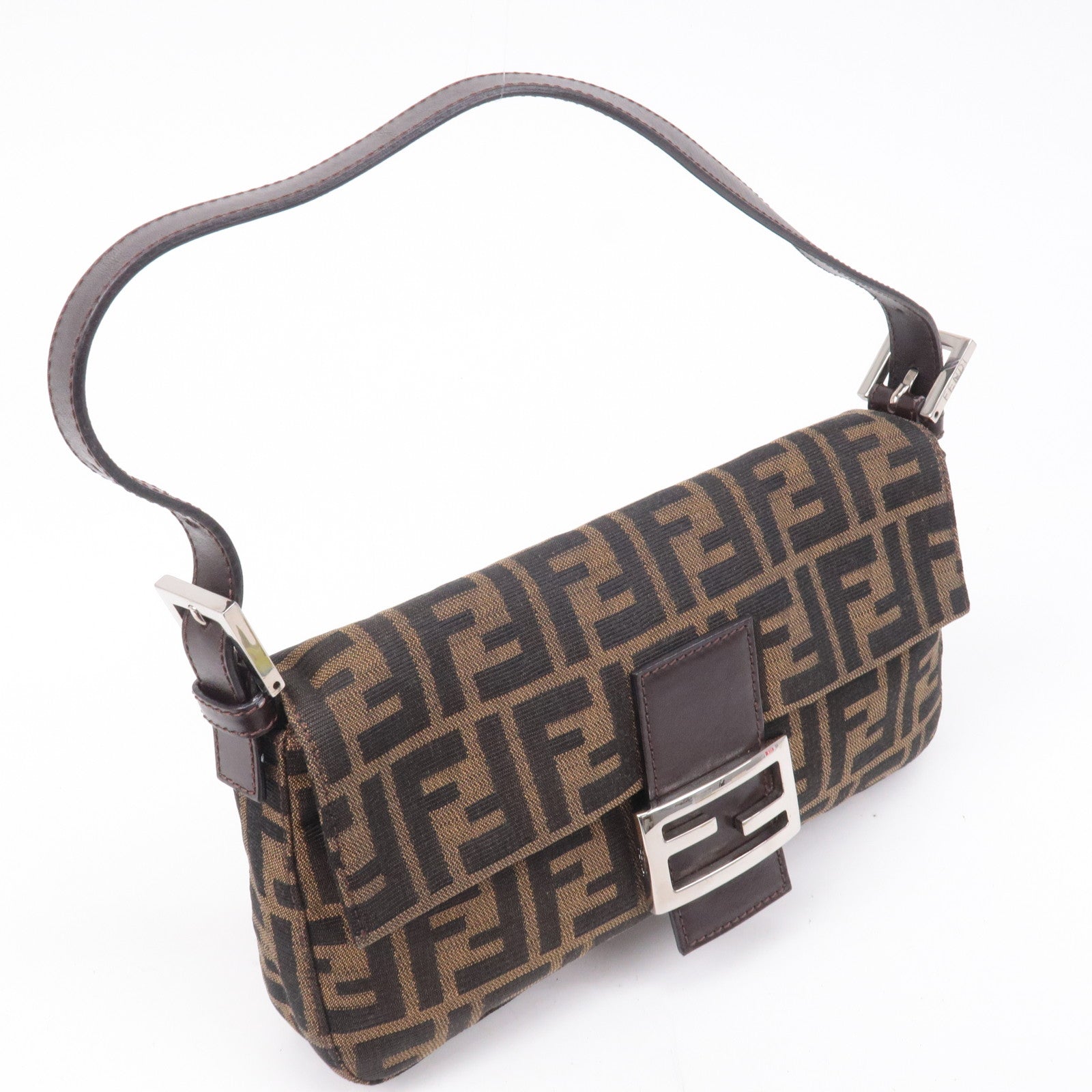 FENDI Mamma Baguette Zucca Canvas Leather Shoulder Bag Brown 26424