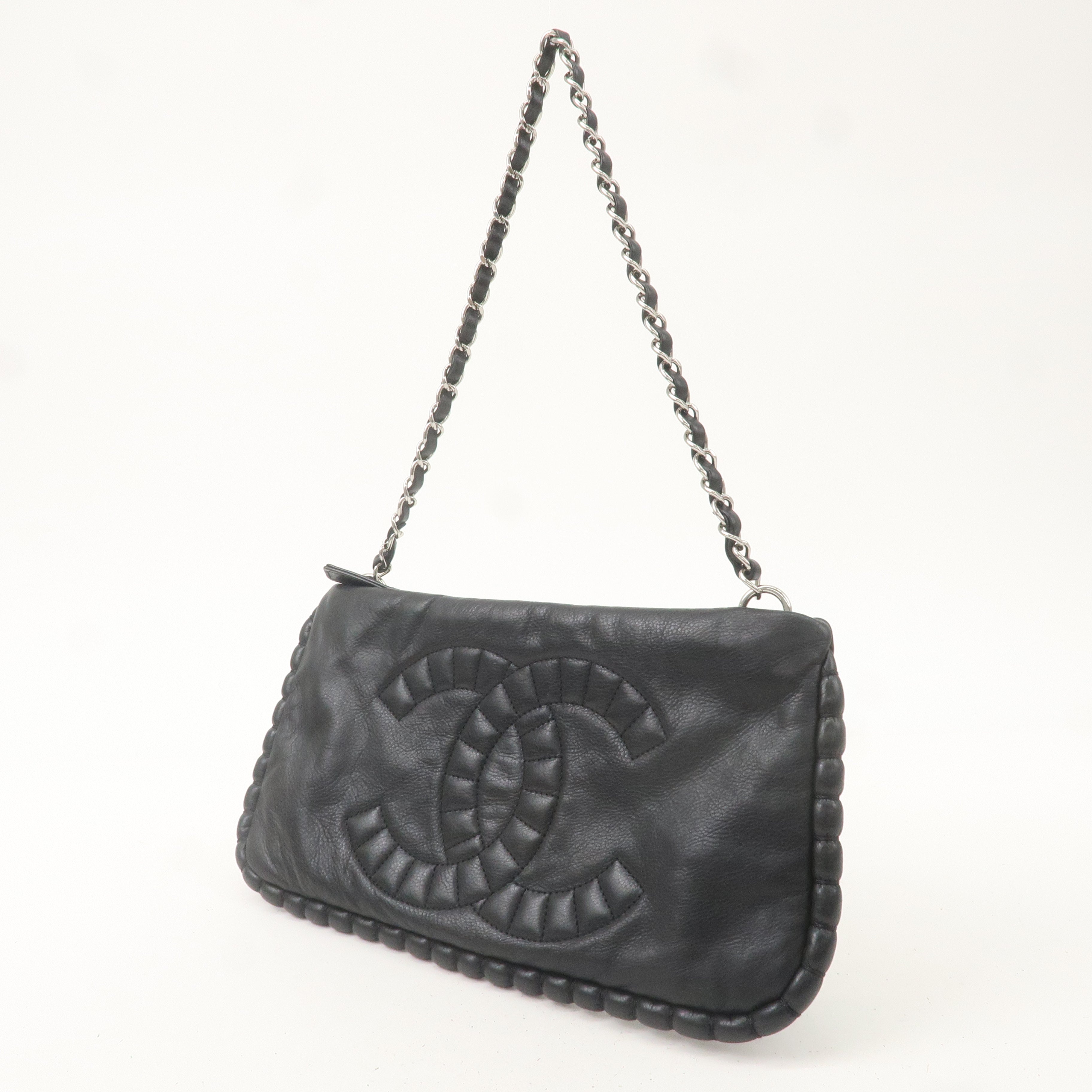 CHANEL Leather Chain Shoulder Bag Hand Bag Black Silver HDW