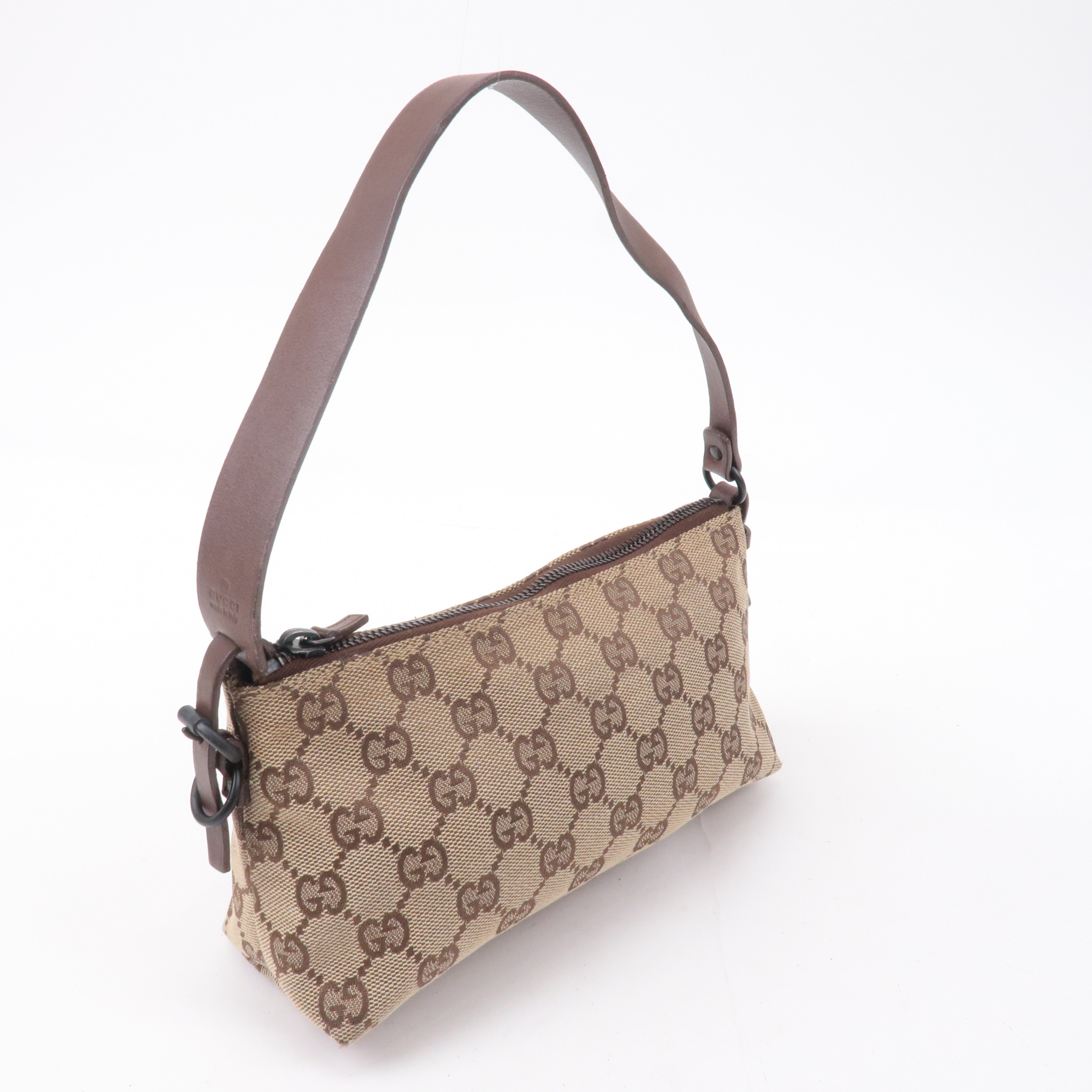 GUCCI GG Canvas Leather Hand Bag Pouch Beige Brown 103399