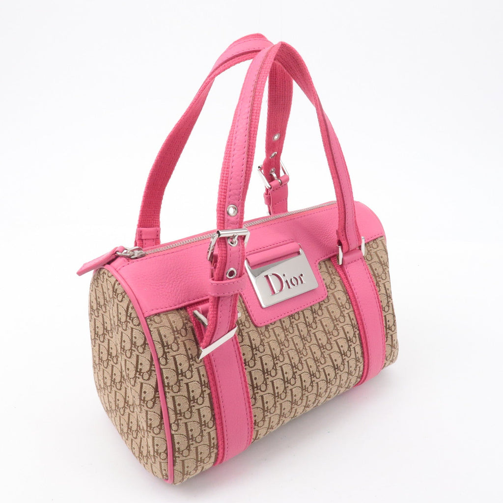 Christian Dior Trotter Canvas Leather Boston Bag Beige Pink