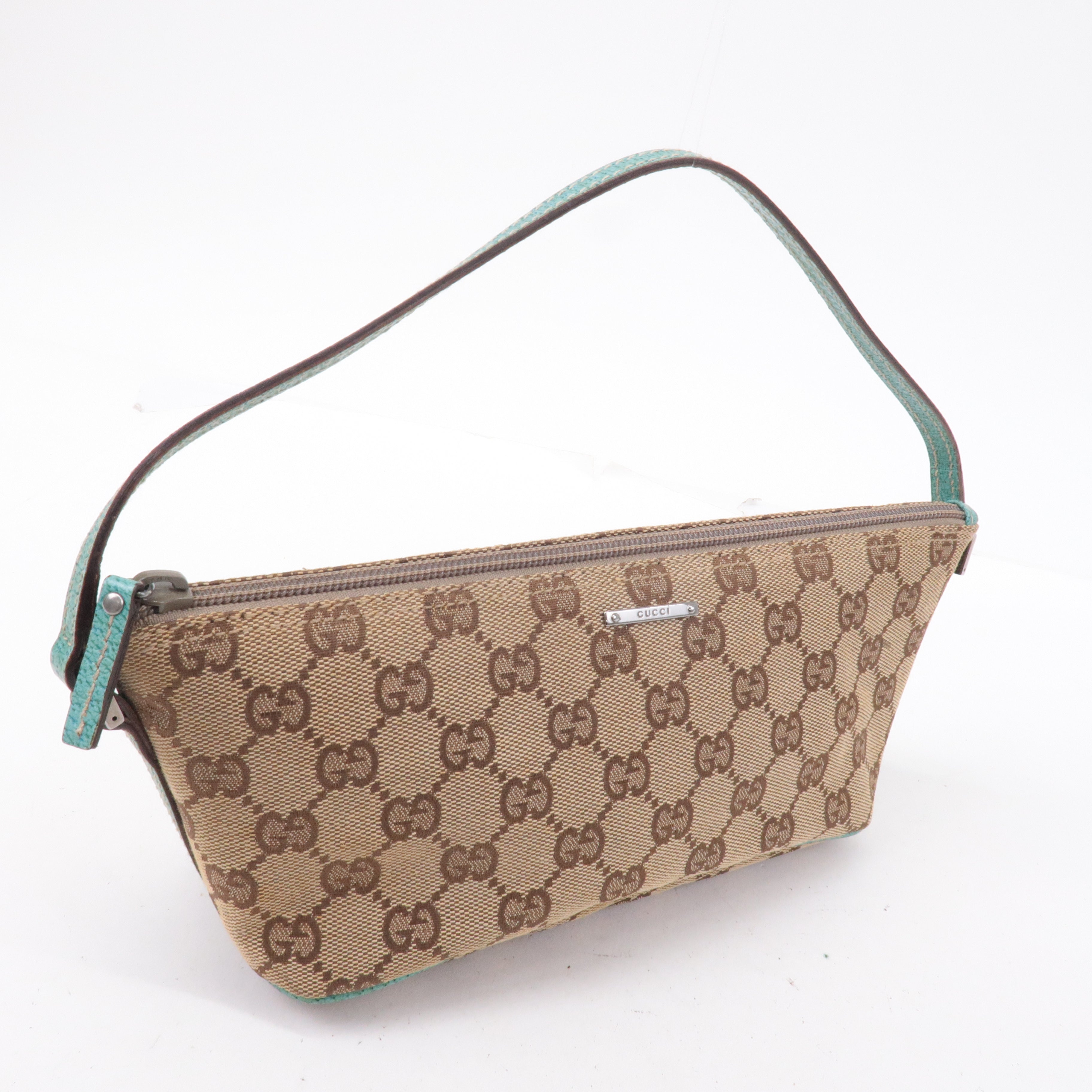 GUCCI Boat Bag GG Canvas Leather Pouch Emerald Green Beige 07198