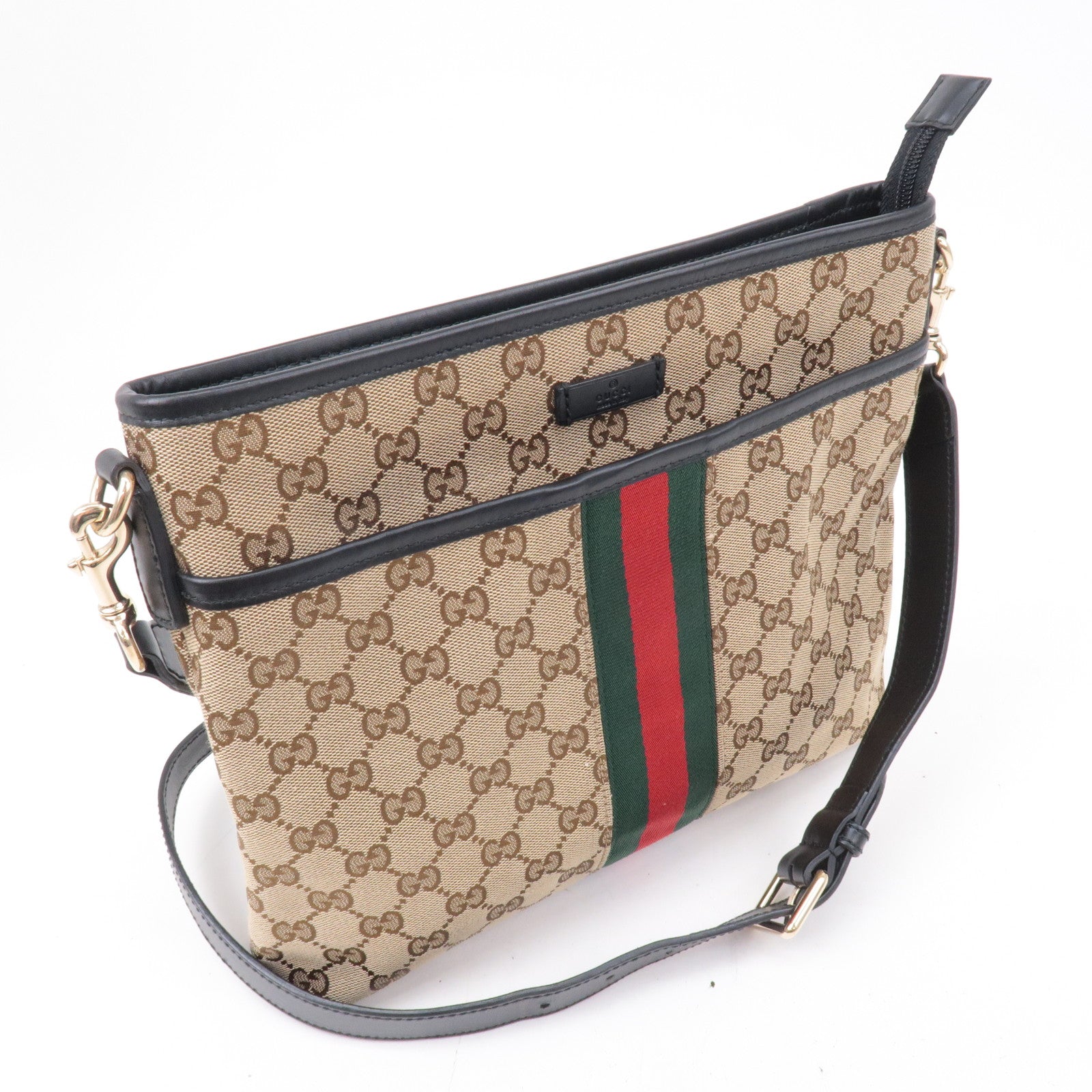 GUCCI Sherry GG Canvas Leather Shoulder Bag Beige Black 388926