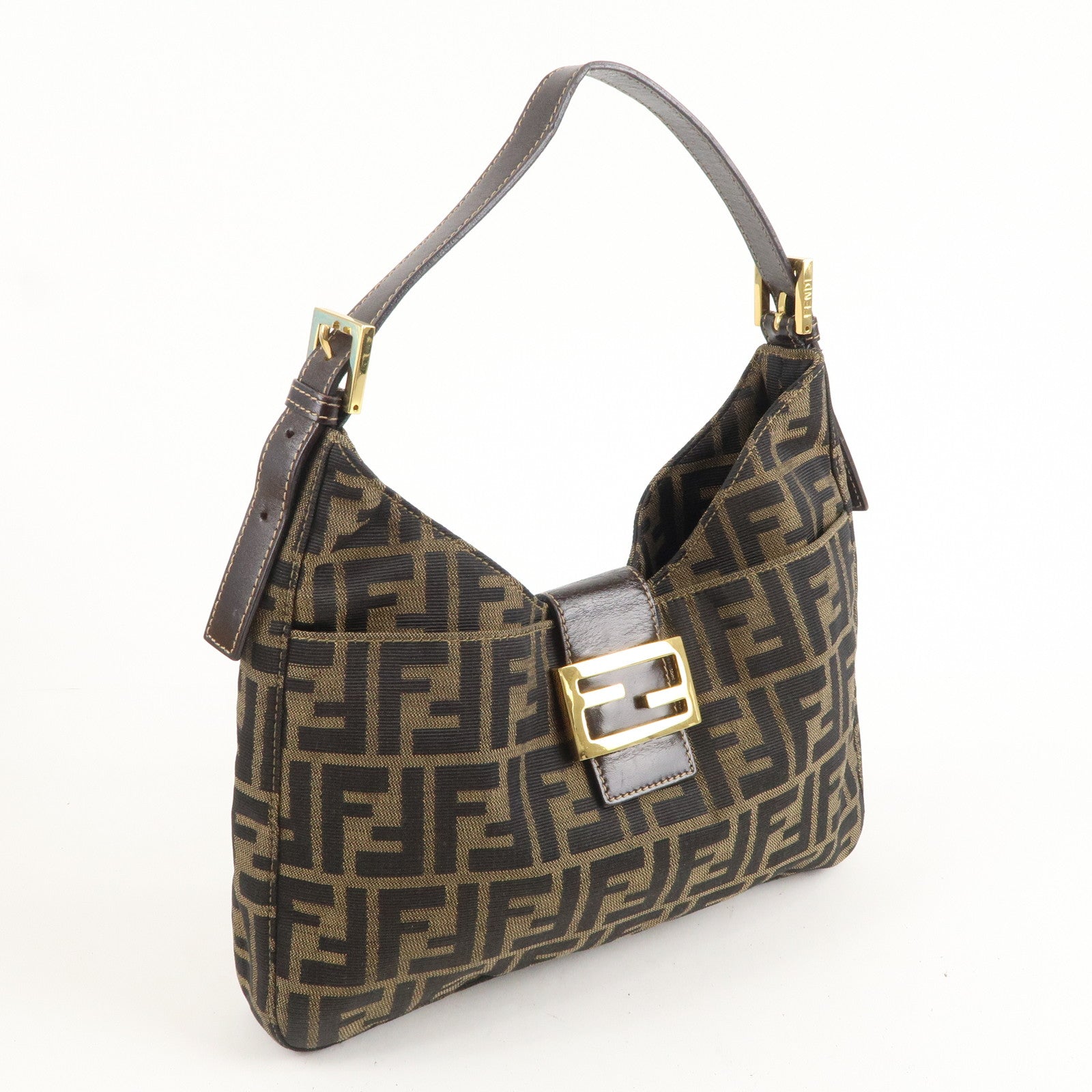 FENDI Zucca Canvas Leather Shoulder Bag Brown Black 26569