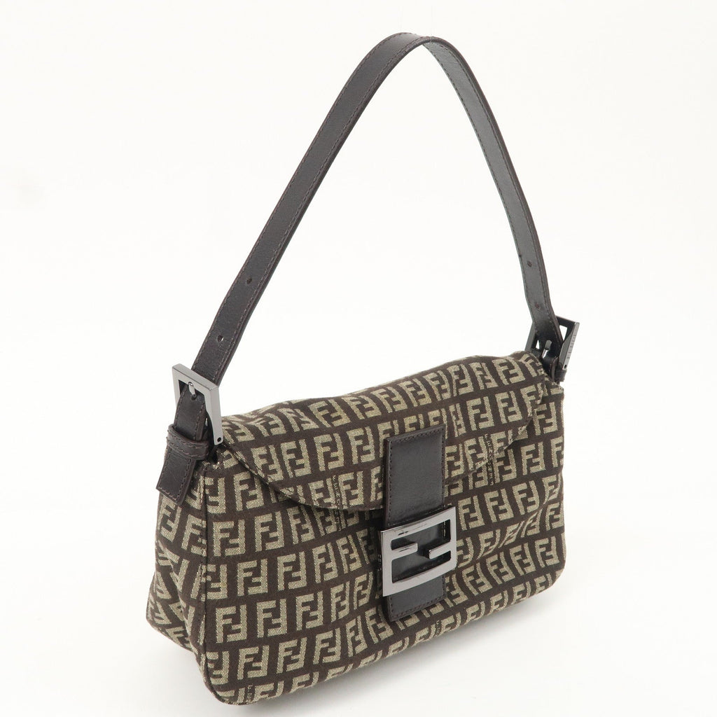 FENDI Zucchino Canvas Leather Shoulder Bag Brown Beige 8BR003