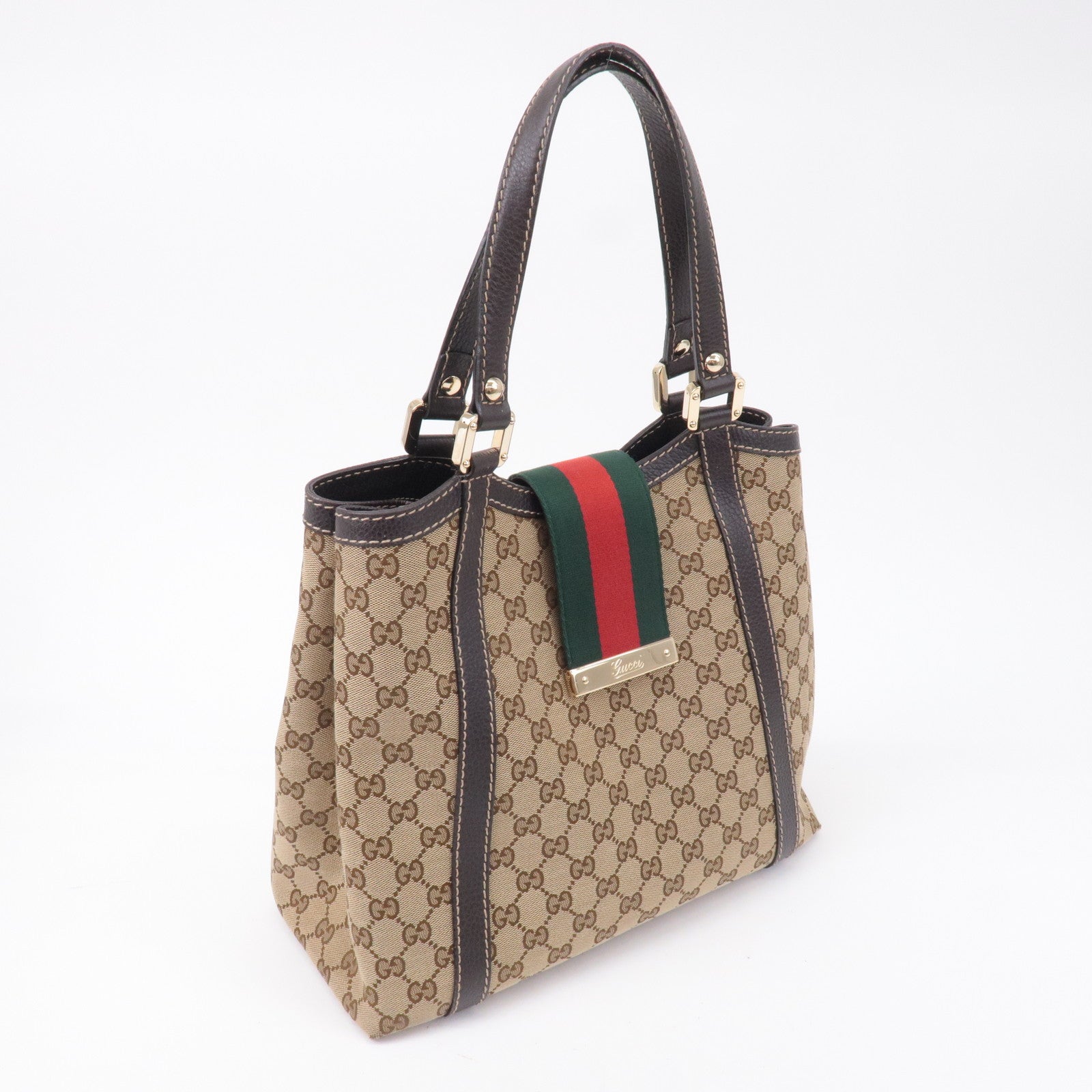 GUCCI Sherry Line GG Canvas Leather Hand Bag Beige Brown 364835