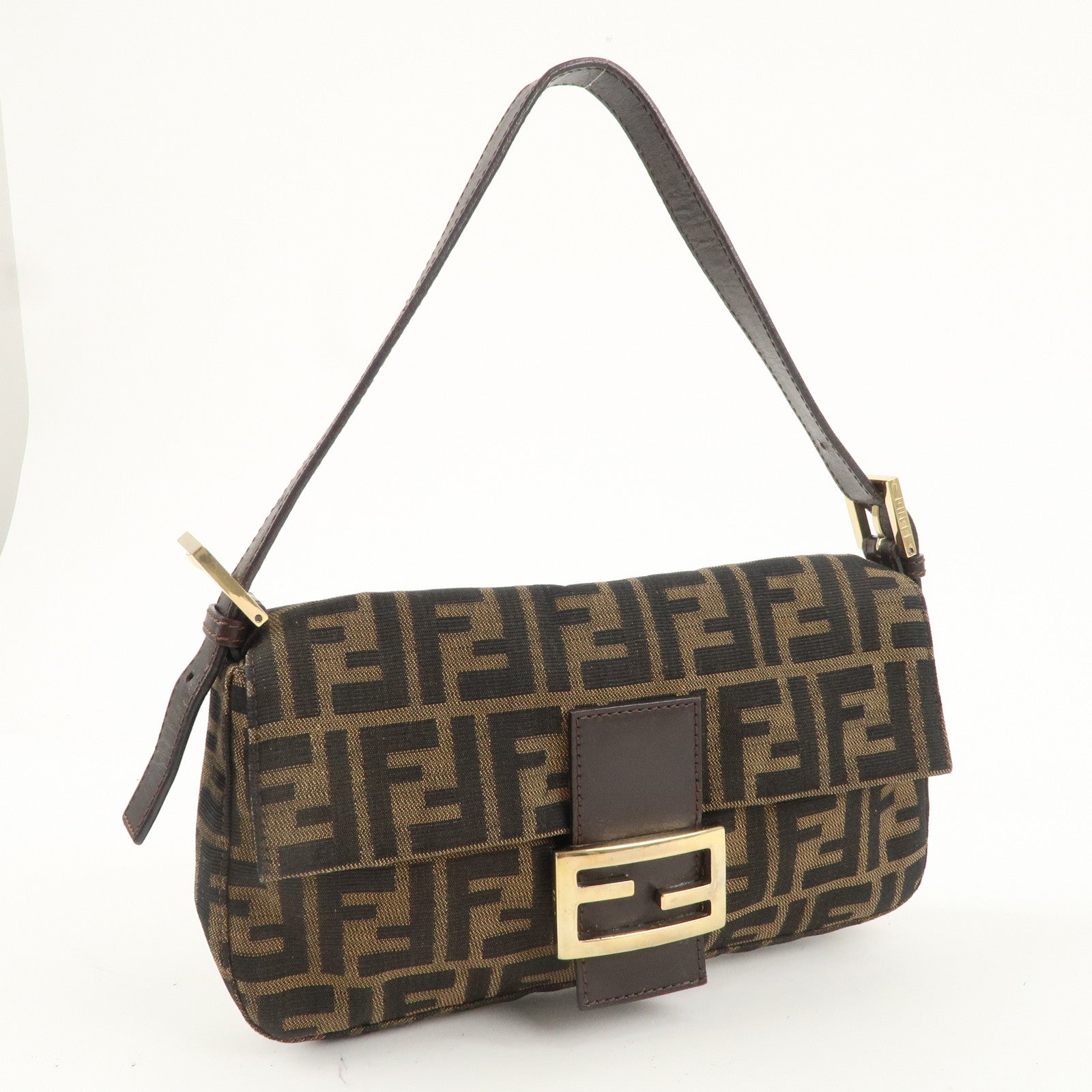 FENDI Mamma Baguette Canvas Leather Shoulder Bag Brown 26424